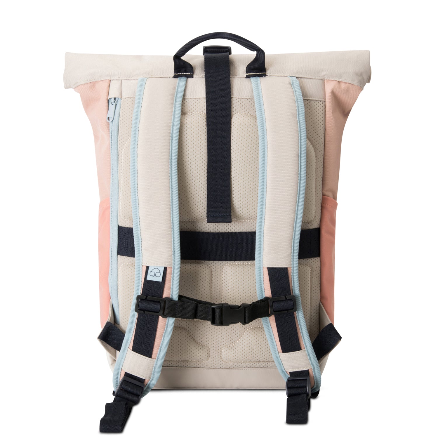 Rolltop Rucksack 'Allen Medium' von Johnny Urban in Pastellfarben, Rückenansicht mit gepolsterten, verstellbaren Trägern und Brustgurt