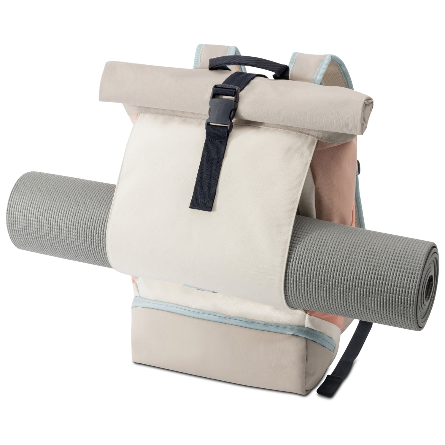 Rolltop Rucksack Allen Medium in beige und rosé mit Yoga-Matte seitlich befestigt
