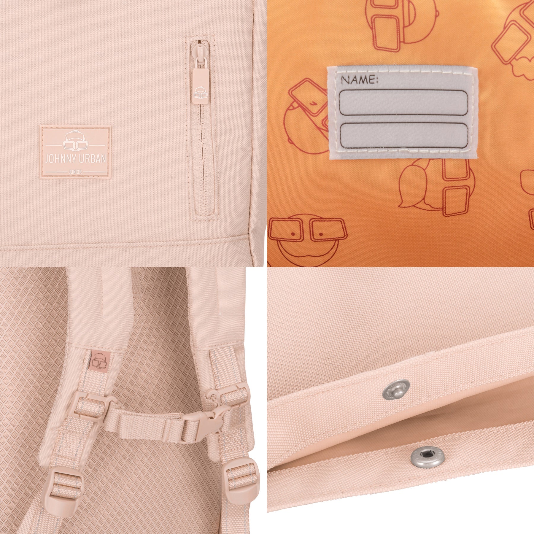 Rosa Rolltop Kinderrucksack "Aaron" von Johnny Urban mit Fronttasche, Namensfeld innen, verstellbaren gepolsterten Rückengurten und Druckknopfverschluss