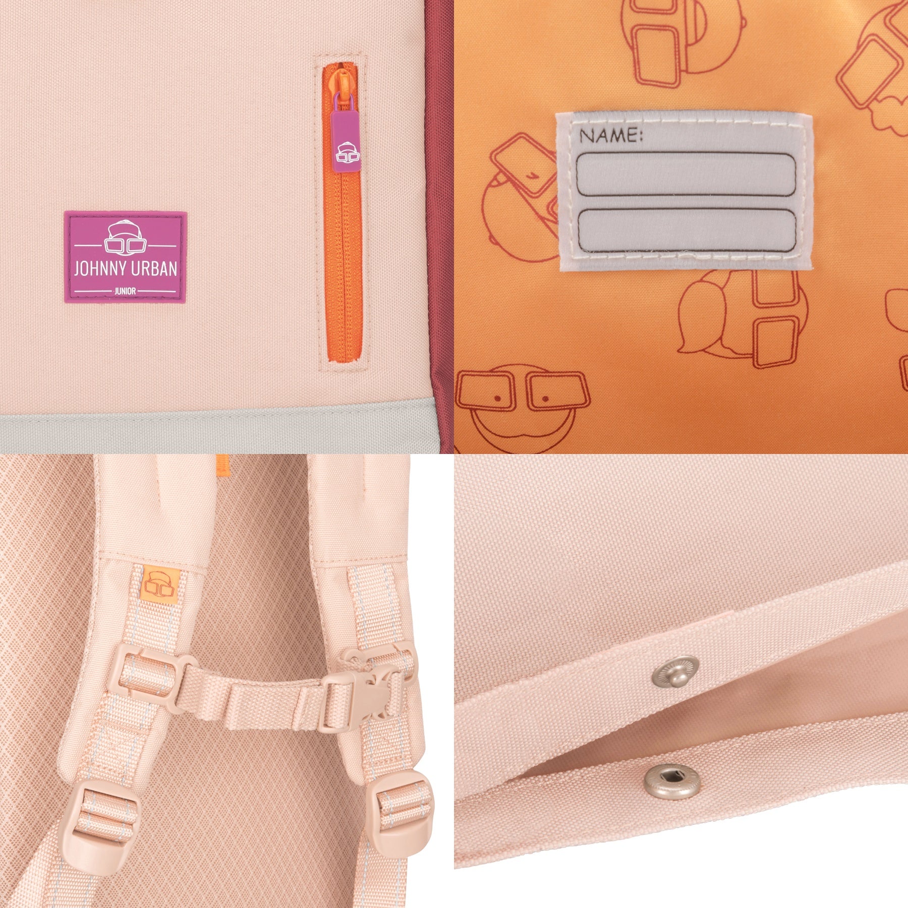 Nahansichten des rosa-orangen Rolltop Kinderrucksacks 'Aaron' mit Johnny Urban Junior Logo, Namensschild, verstellbaren Trägern und magnetischem Druckknopfverschluss