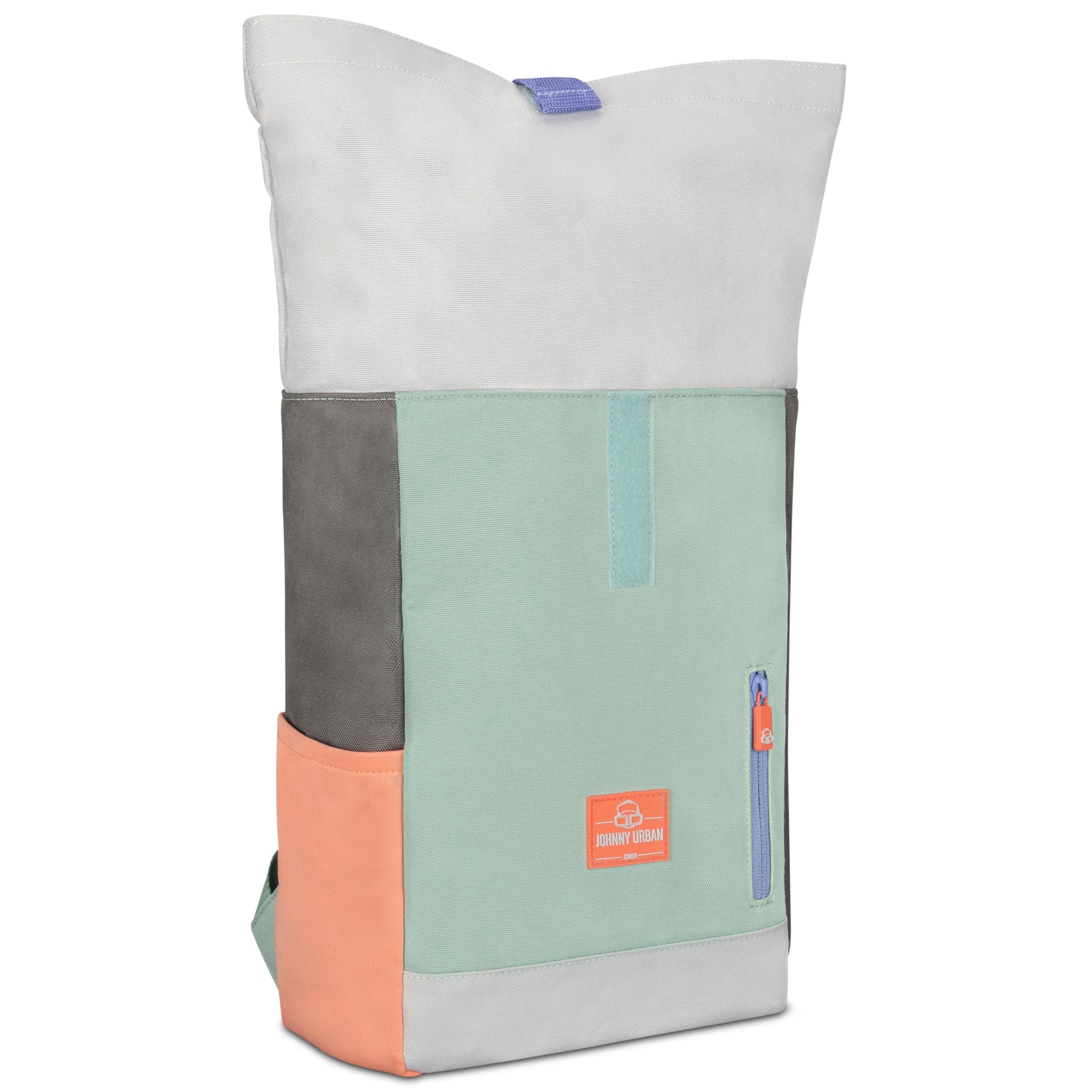 Johnny Urban Rolltop Kinderrucksack 'Aaron' in Mintgrün, Hellgrau, Dunkelgrau und Orange mit einem rechteckigen Logo und kleinem Reißverschlussfach