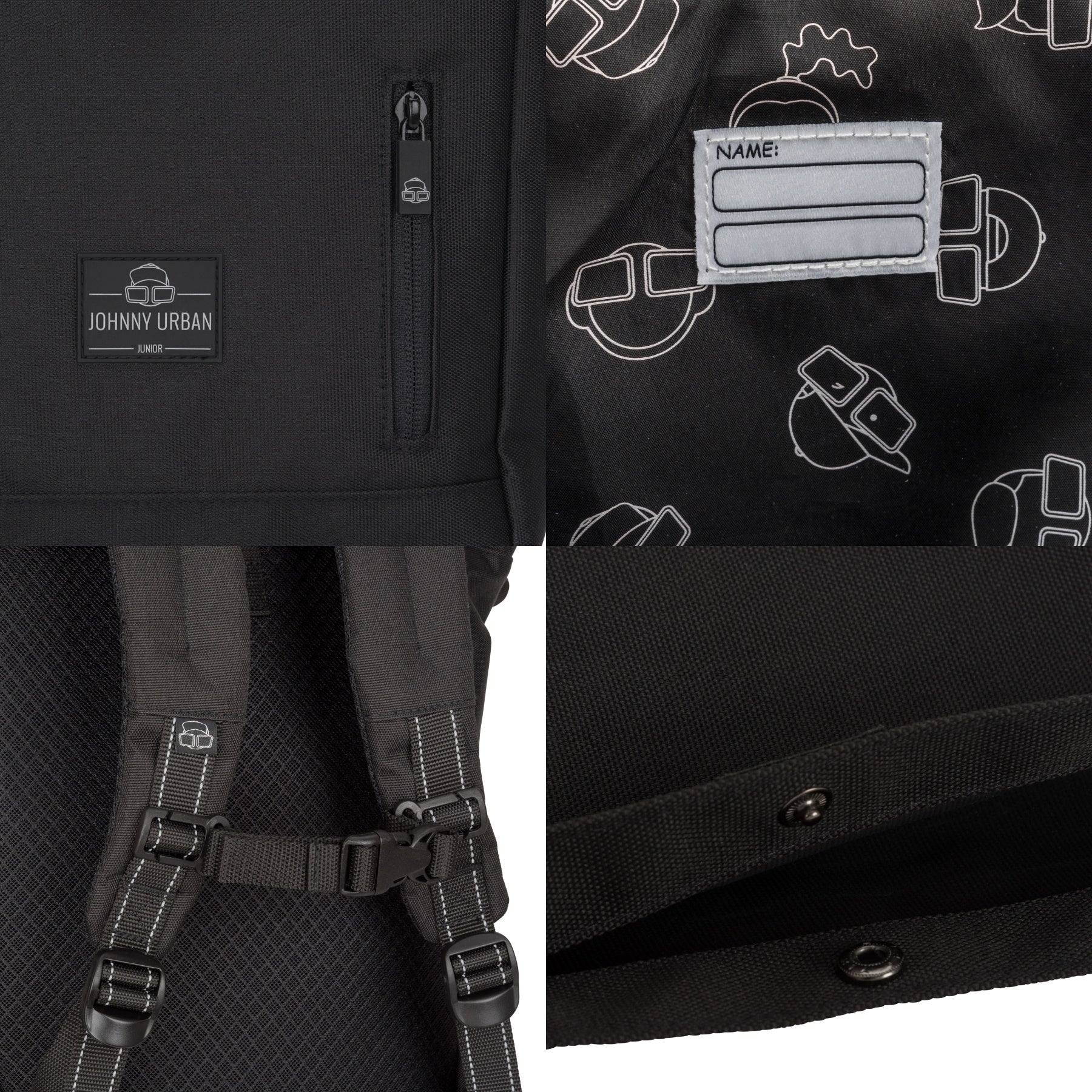 Schwarzer Johnny Urban Junior Rolltop-Kinderrucksack 'Aaron' mit Namensfeld, gepolsterten Rücken- und Schultergurten
