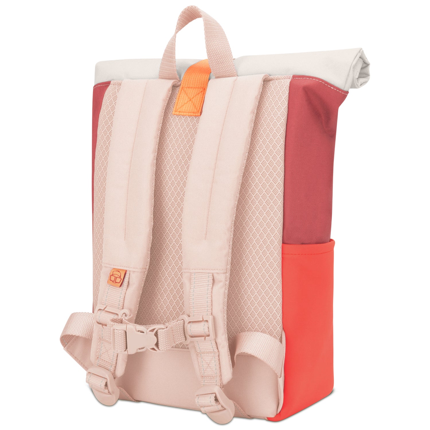 Rolltop-Kinderrucksack "Aaron" mit gepolsterten, hellrosa Trägern, rot-orange Seiten und hellem Rolltop
