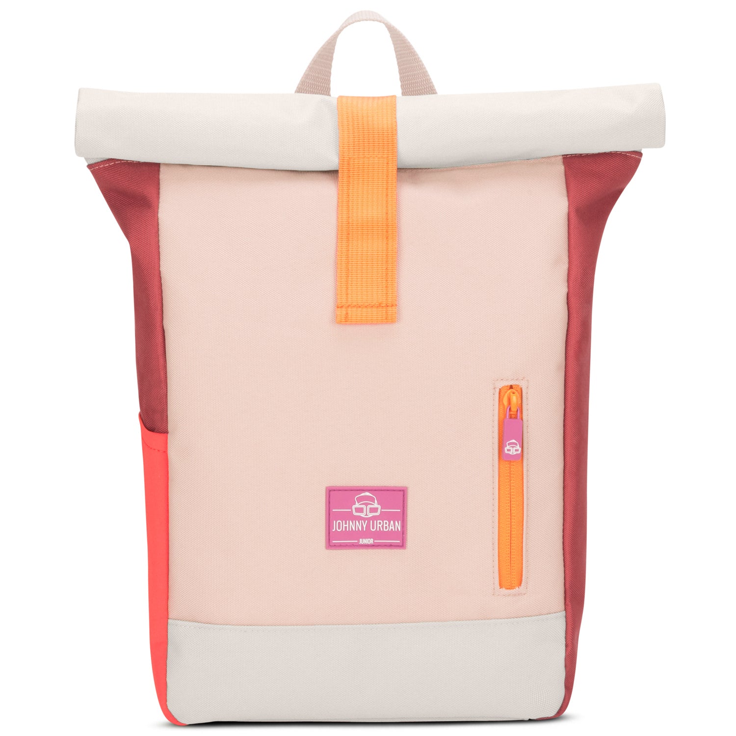 Rolltop Kinderrucksack 'Aaron' in rosa, beige und rot mit orangem Verschluss und Reißverschluss