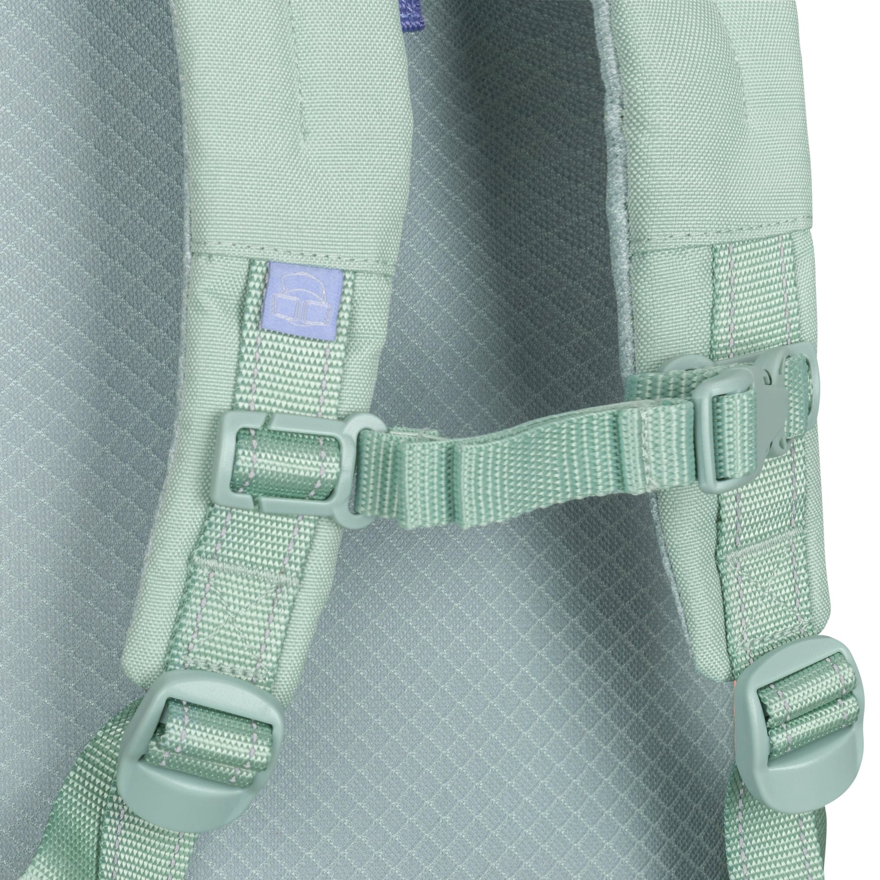 Hellgrüne gepolsterte Schultergurte und Brustgurt des Rolltop Kinderrucksacks 'Aaron'