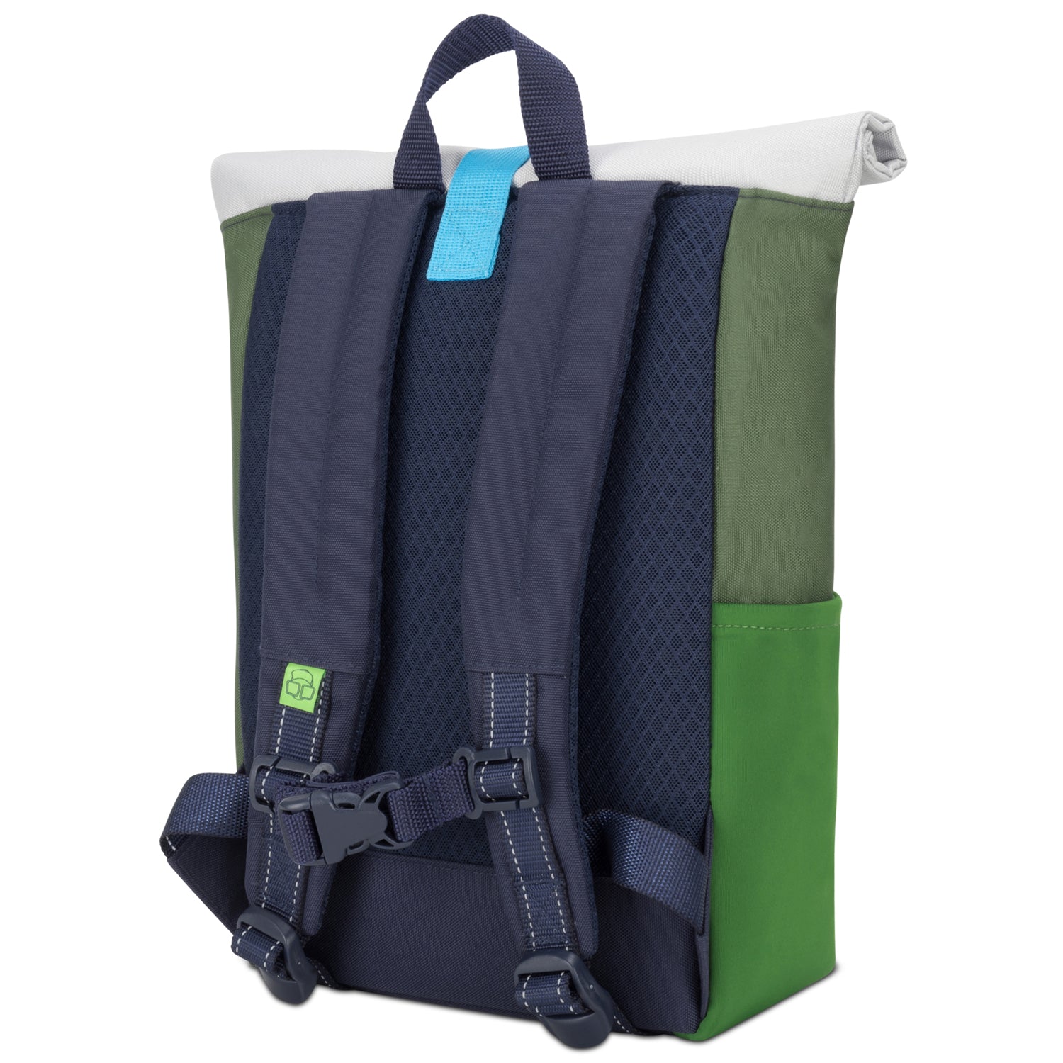Rolltop Kinderrucksack Aaron in Blau und Grün mit ergonomischen gepolsterten Trägern und Brustgurt
