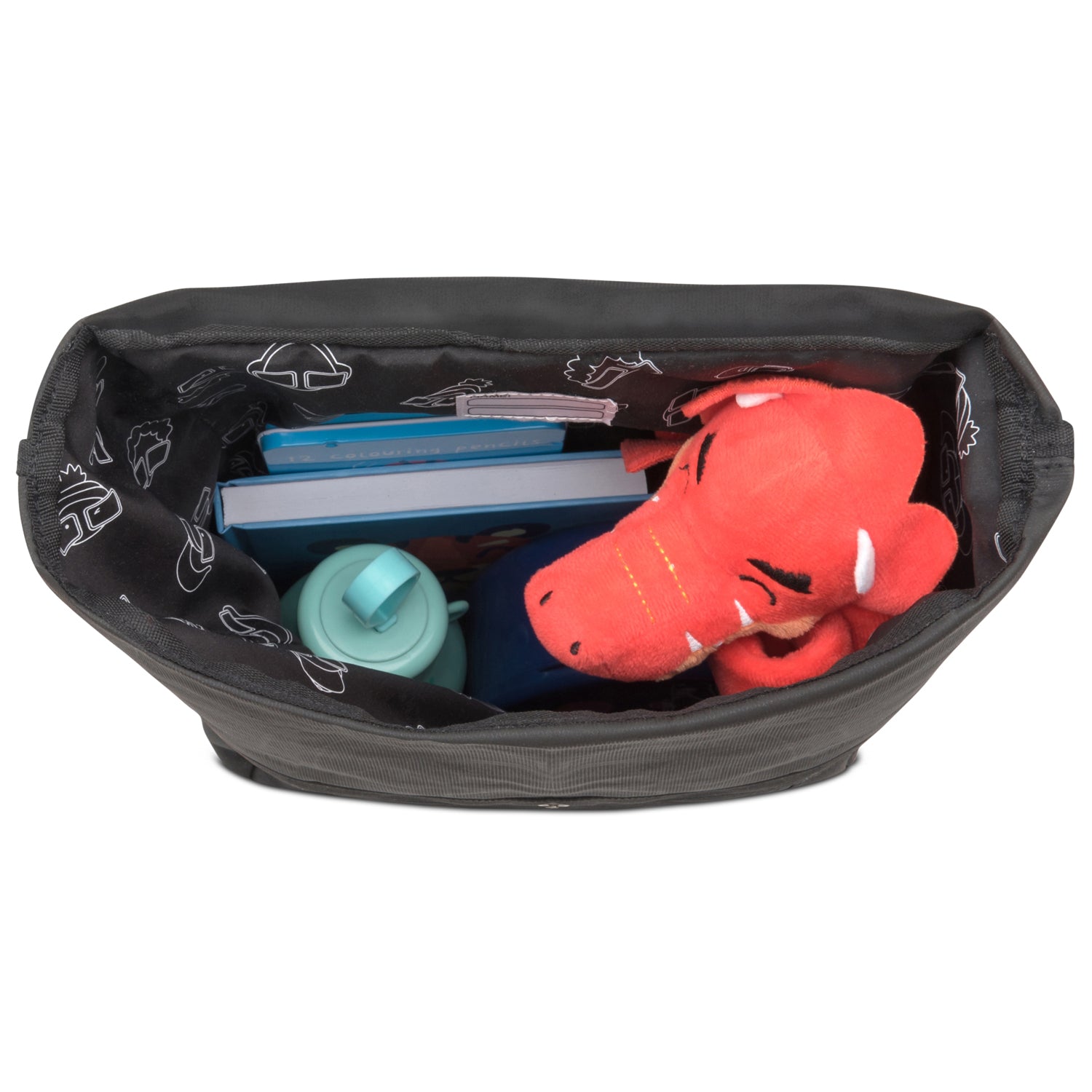 Rolltop Kinderrucksack 'Aaron' schwarz mit Innenfutter und gefüllt mit rotem Stofftier, Trinkflasche und zwei blauen Büchern