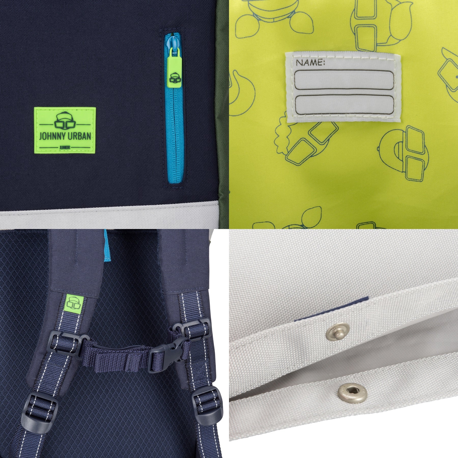 Details des Rolltop Kinderrucksacks ‚Aaron‘ in Blau mit JOHNNY URBAN Logo, Namensschild innen, gepolsterten verstellbaren Schultergurten, und Druckknöpfen am Rolltop-Verschluss