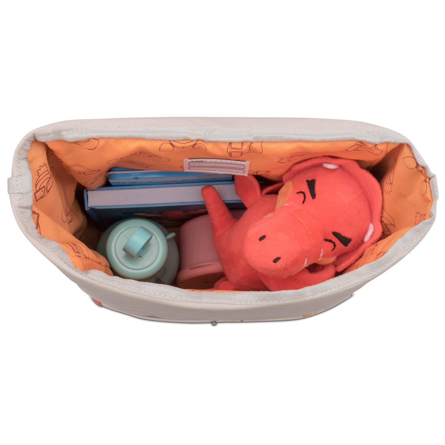 Innenansicht des rosa-bunten Rolltop Kinderrucksacks „Aaron“ mit orangefarbenem Innenfutter, gefüllt mit roten Plüschtier, zwei Büchern und Trinkflasche