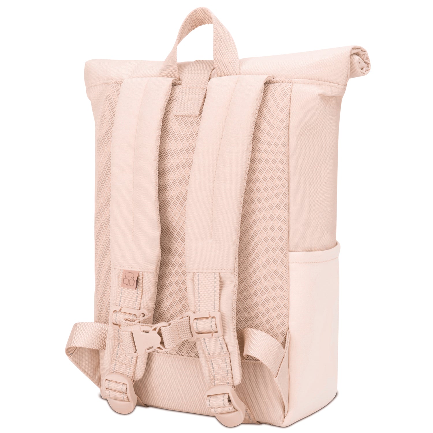 Rosa Rolltop-Kinderrucksack Aaron mit gepolsterten Schulterriemen und Mesh-Grundfläche