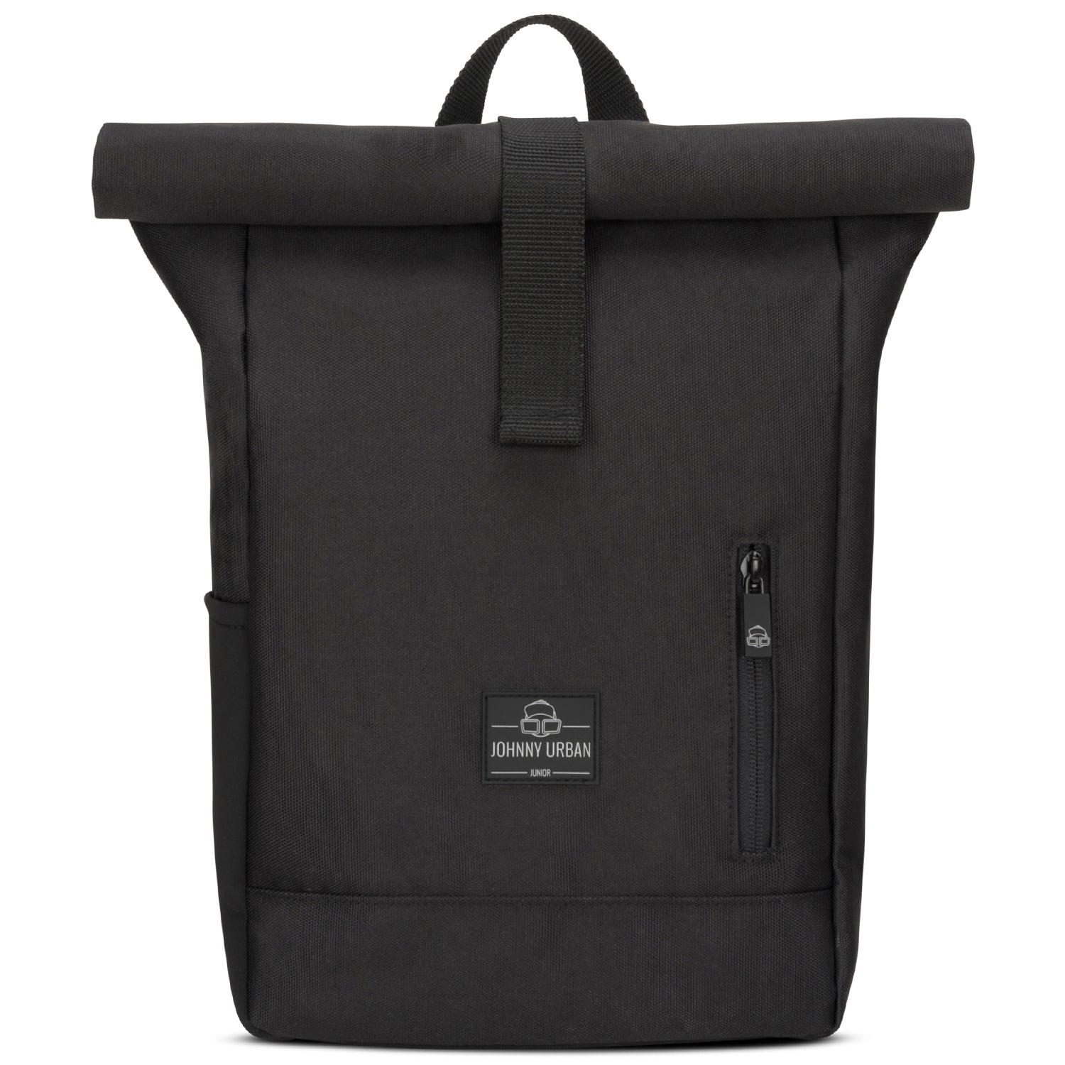 Schwarzer Rolltop Kinderrucksack 'Aaron' von Johnny Urban mit Frontreißverschluss und Logo