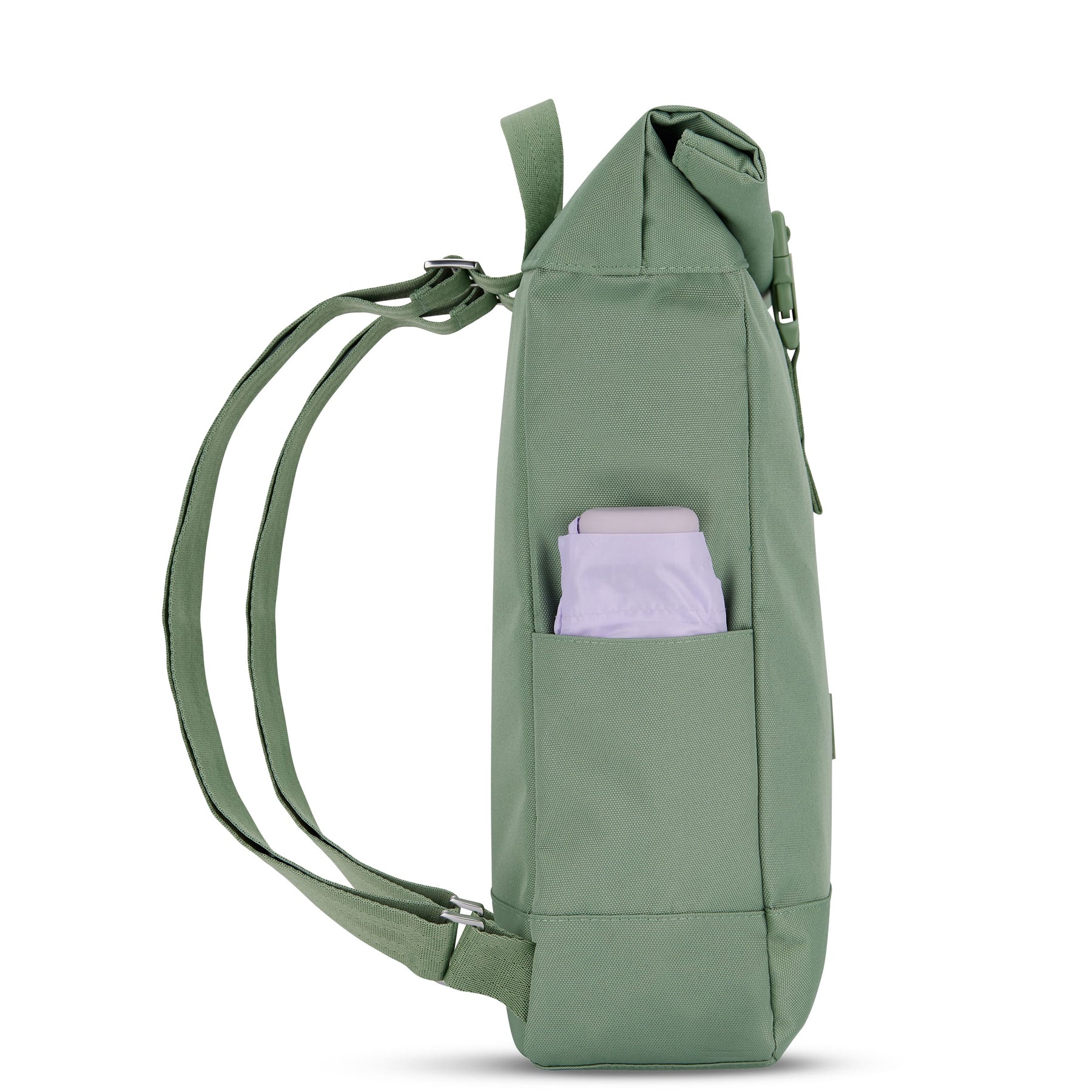 Grüner Rolltop Rucksack 'Robin Small' mit zwei Schulterriemen und seitlicher Tasche mit lila Gegenstand