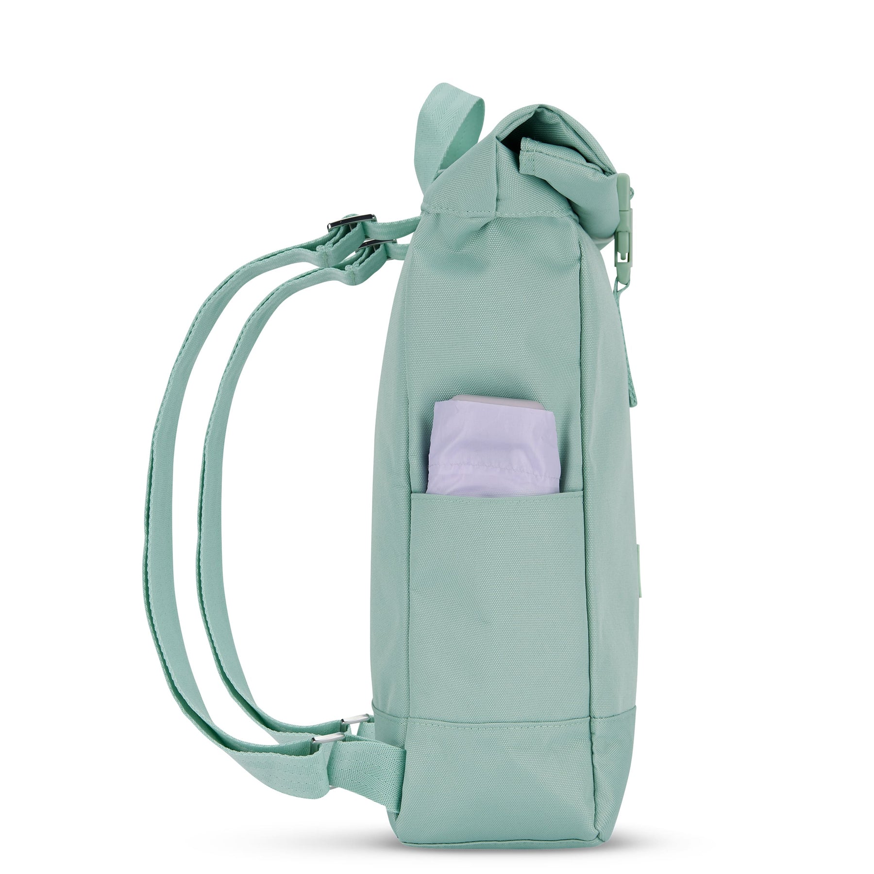 Mintgrüner Johnny Urban Rolltop Rucksack ‚Robin Small‘ mit seitlicher Tasche und gepolsterten Schultergurten