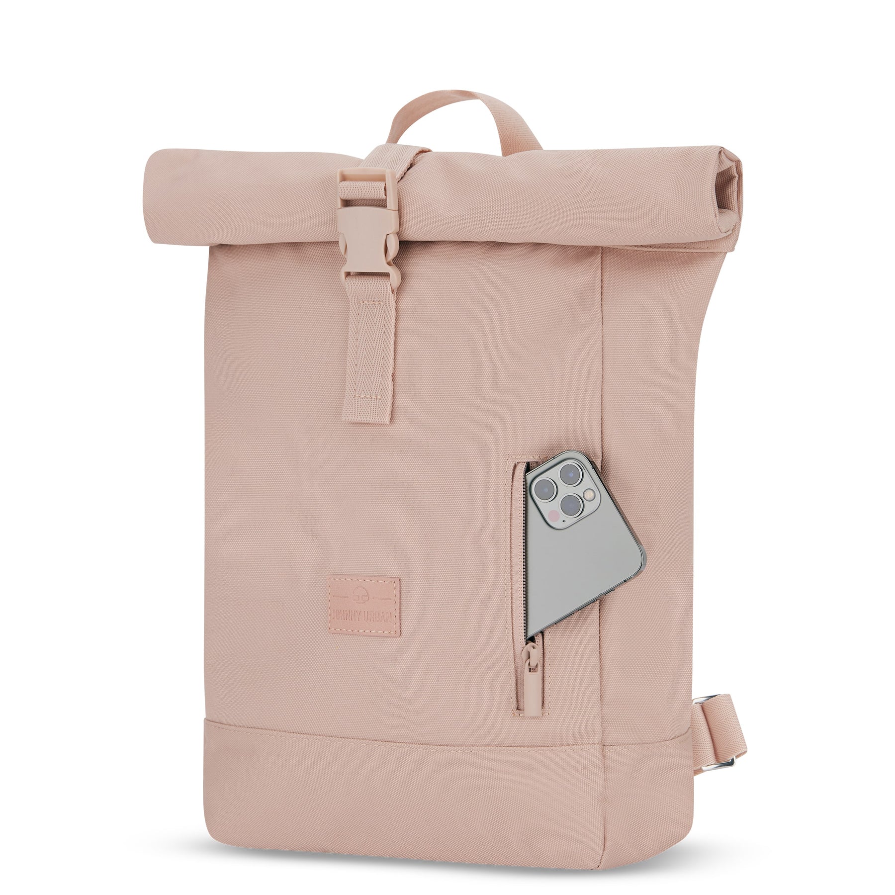 Rolltop Rucksack Robin Small in rosa mit sichtbarer seitlicher Reißverschlusstasche und grauem Smartphone