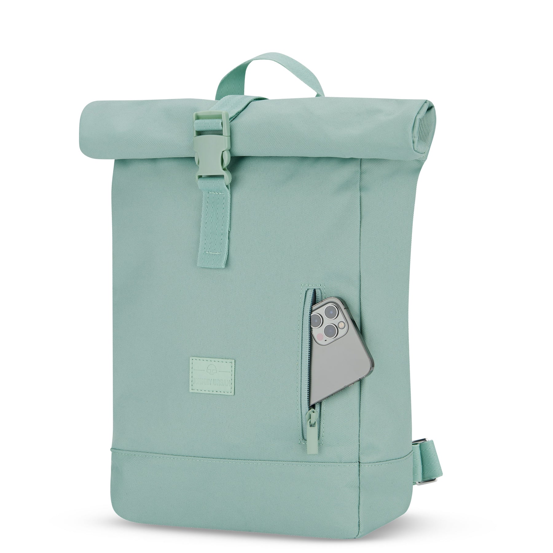 Mintfarbener Rolltop Rucksack 'Robin Small' von Johnny Urban mit Fronttasche und Reißverschluss, Smartphone sichtbar