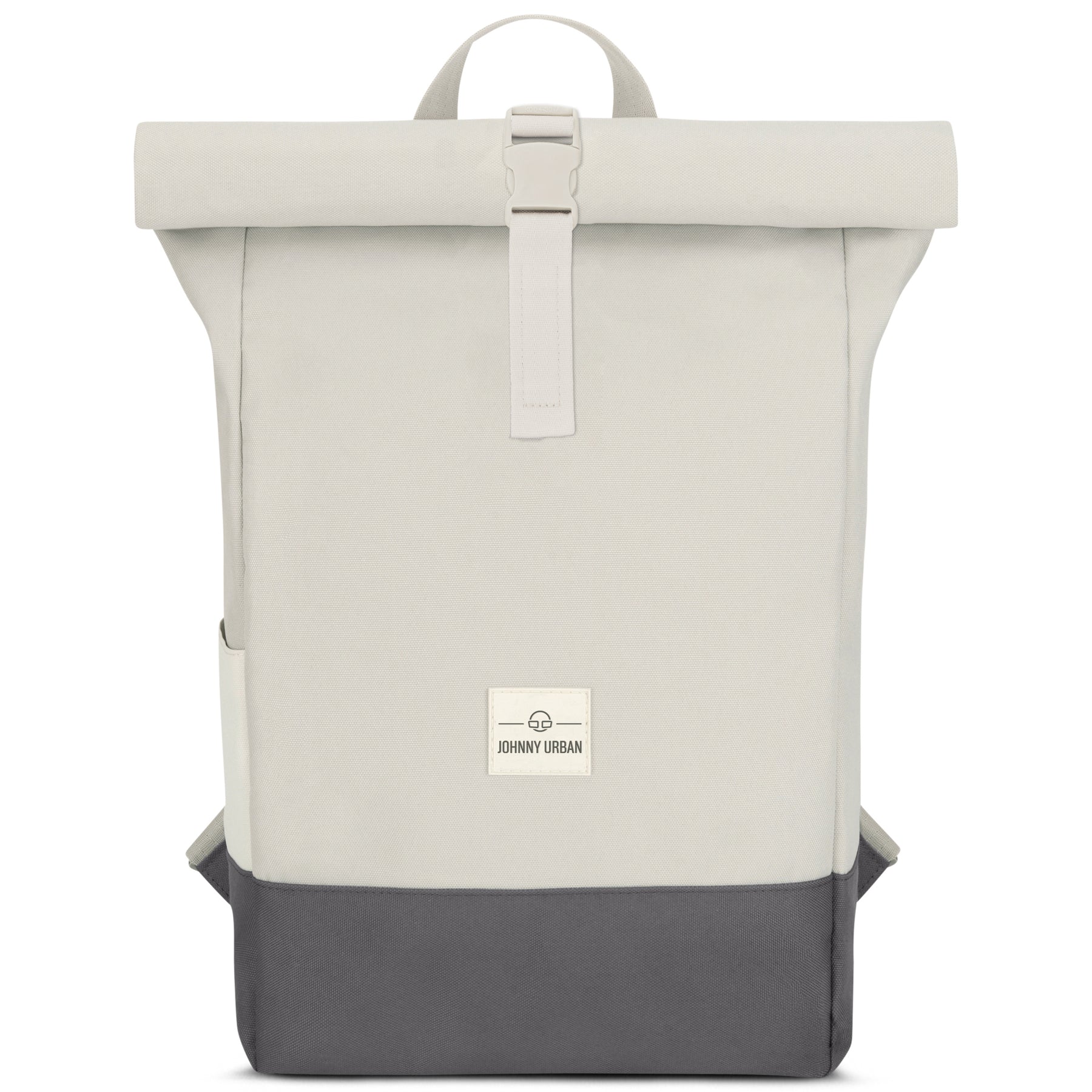 Beiger und grauer Rolltop-Rucksack "Ryan" von Johnny Urban mit Frontverschluss und Logoaufnäher