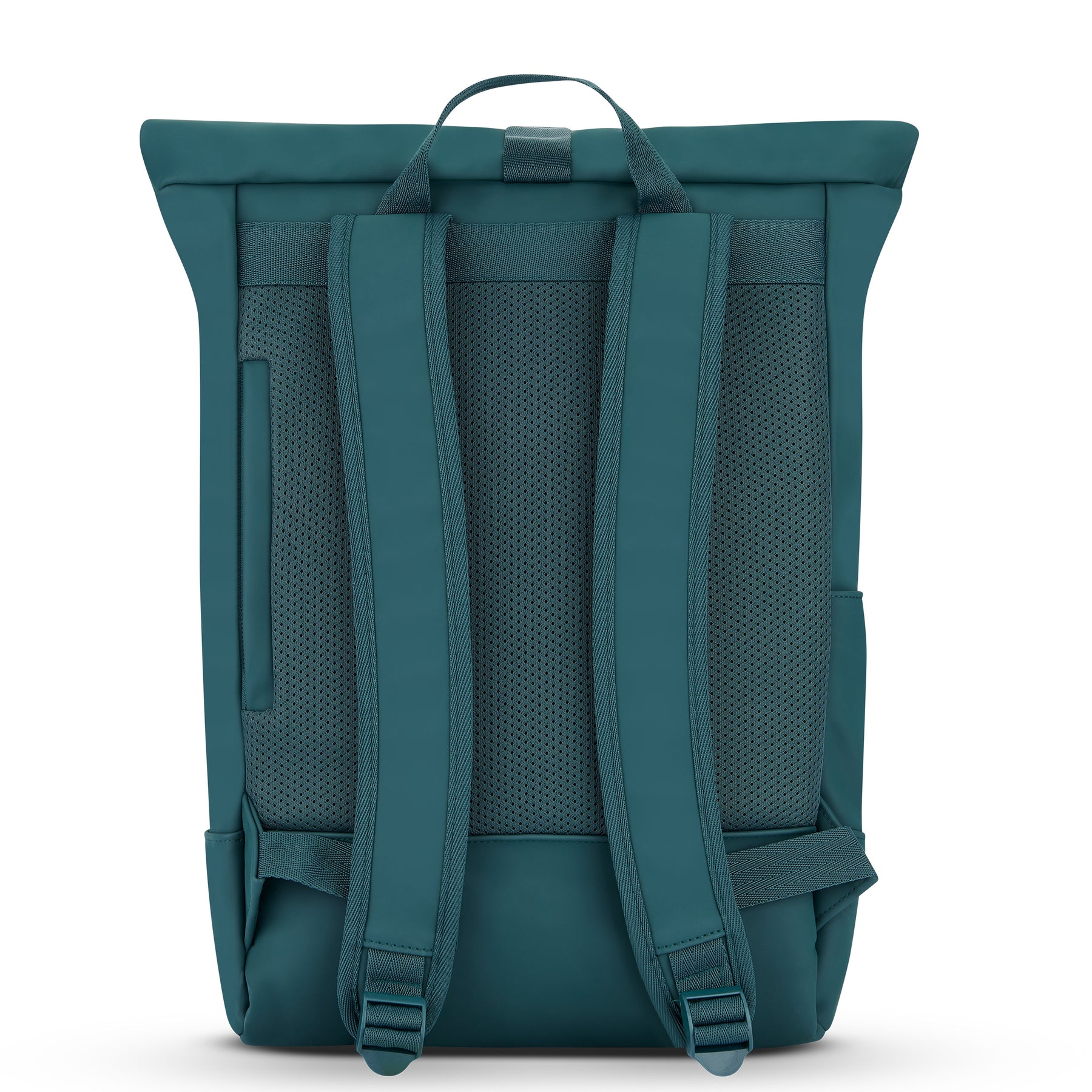 Rückansicht des Rolltop-Rucksacks Harvey Medium in grünem Teal mit gepolsterten, verstellbaren Schultergurten und Trageschlaufe