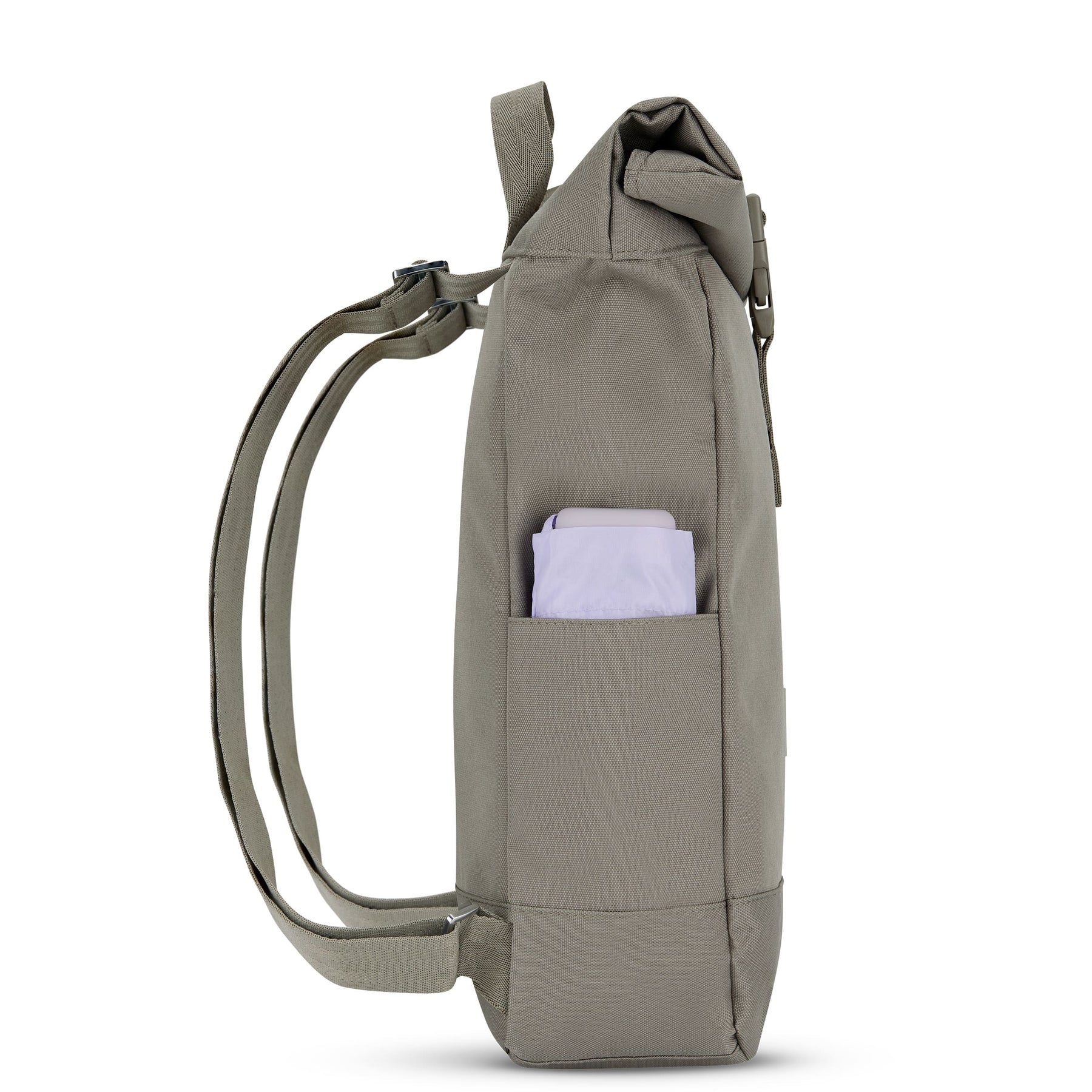 Rolltop Rucksack Robin Small von Johnny Urban, braun, mit seitlicher Tasche und verstellbaren Schultergurten