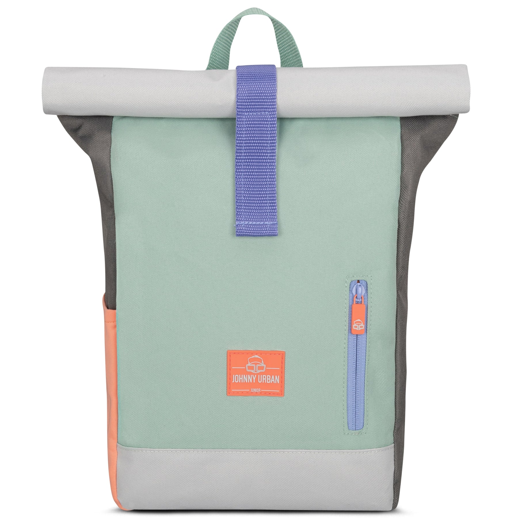 Johnny Urban Rolltop-Kinderrucksack 'Aaron' in Mintgrün mit grauem oberen Abschluss, orangefarbenem Logo und seitlicher Reißverschlusstasche