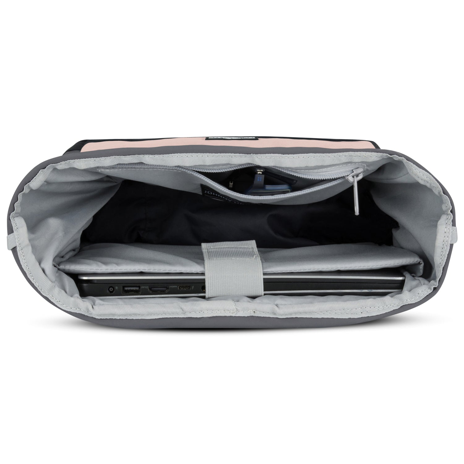 Geöffneter Rolltop-Rucksack 'Ryan' mit gepolstertem Laptopfach und Reißverschlusstasche innen