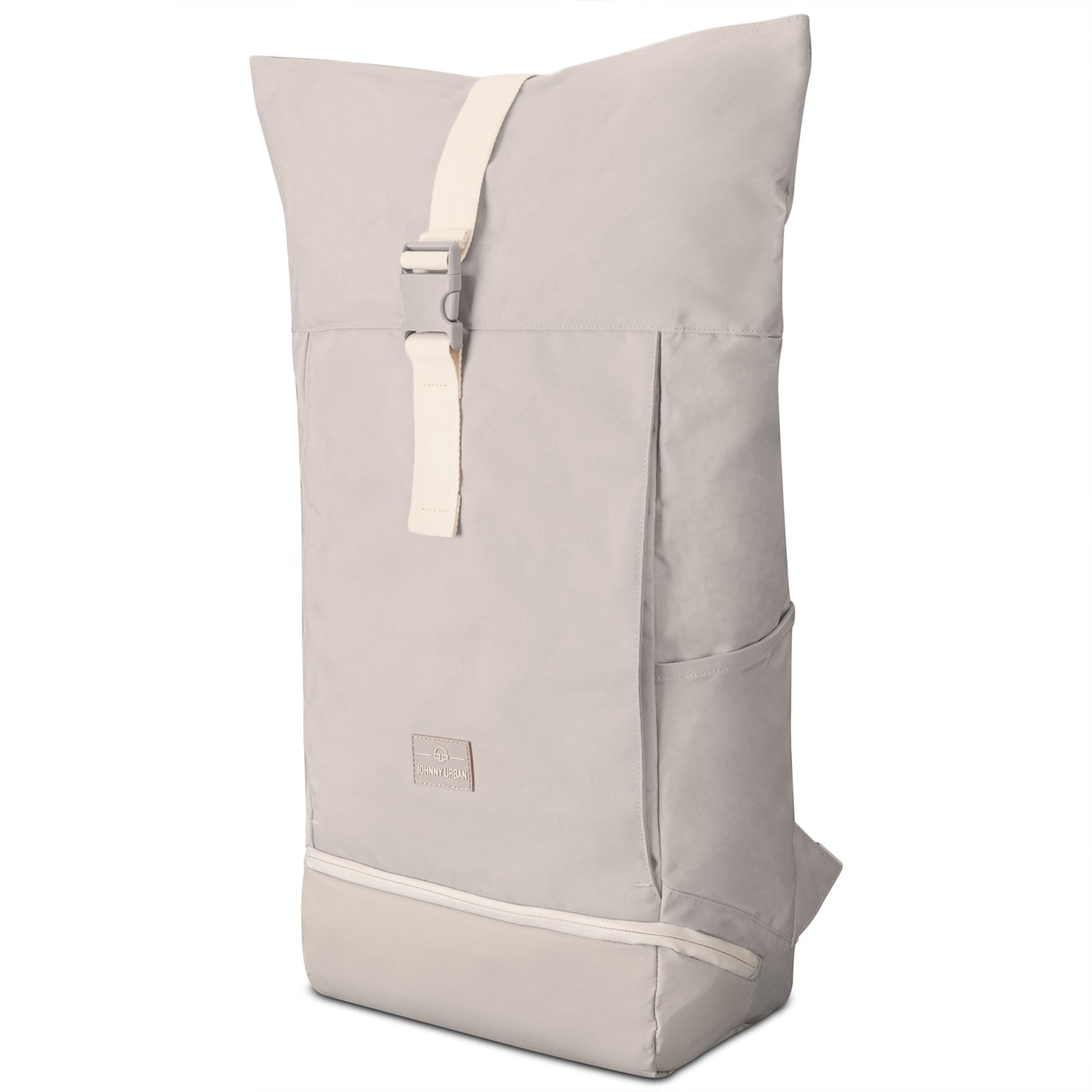 Beiger Johnny Urban Rolltop Rucksack Allen XL mit weißem Verschlussriemen und Seitentasche