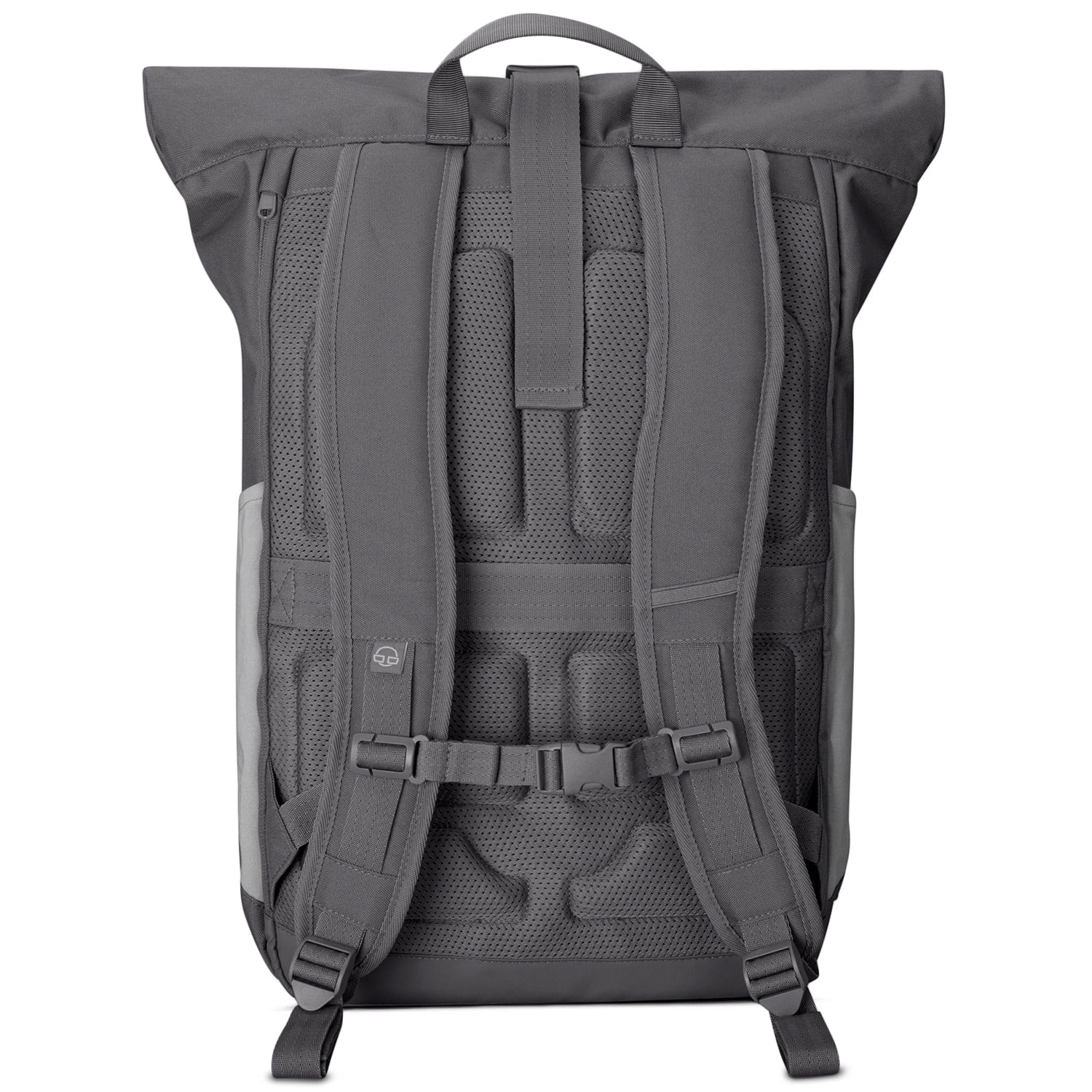 Rückseite des grauen Rolltop-Rucksacks Allen XL mit gepolsterten Schultergurten und atmungsaktivem Rückenteil