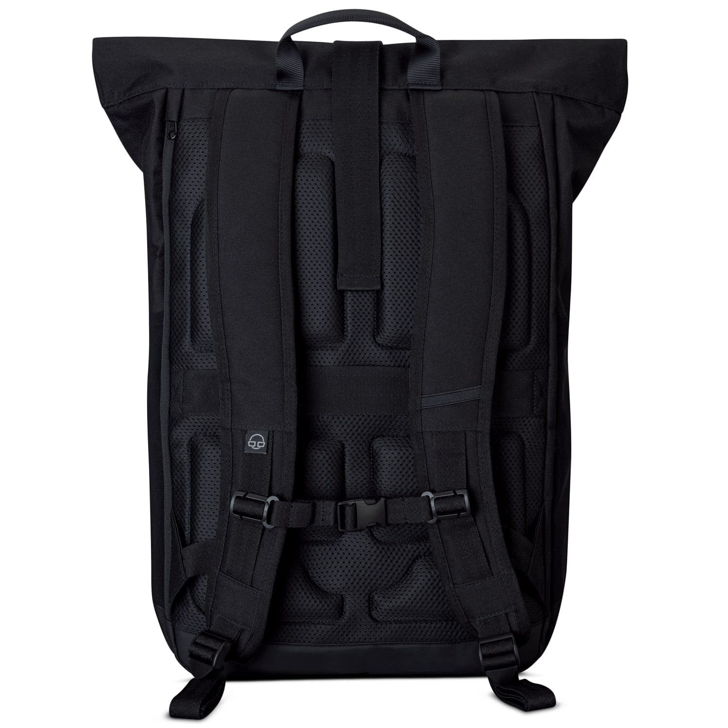 Schwarzer Rolltop Rucksack Allen XL von hinten mit gepolsterten Rücken- und Trägern