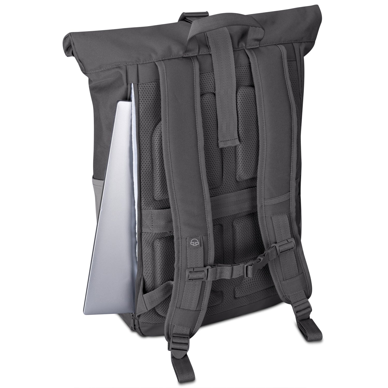 Rolltop Rucksack Allen XL in Grau mit gepolsterten Schultergurten und Laptopfach, teils geöffnet mit sichtbarem Laptop