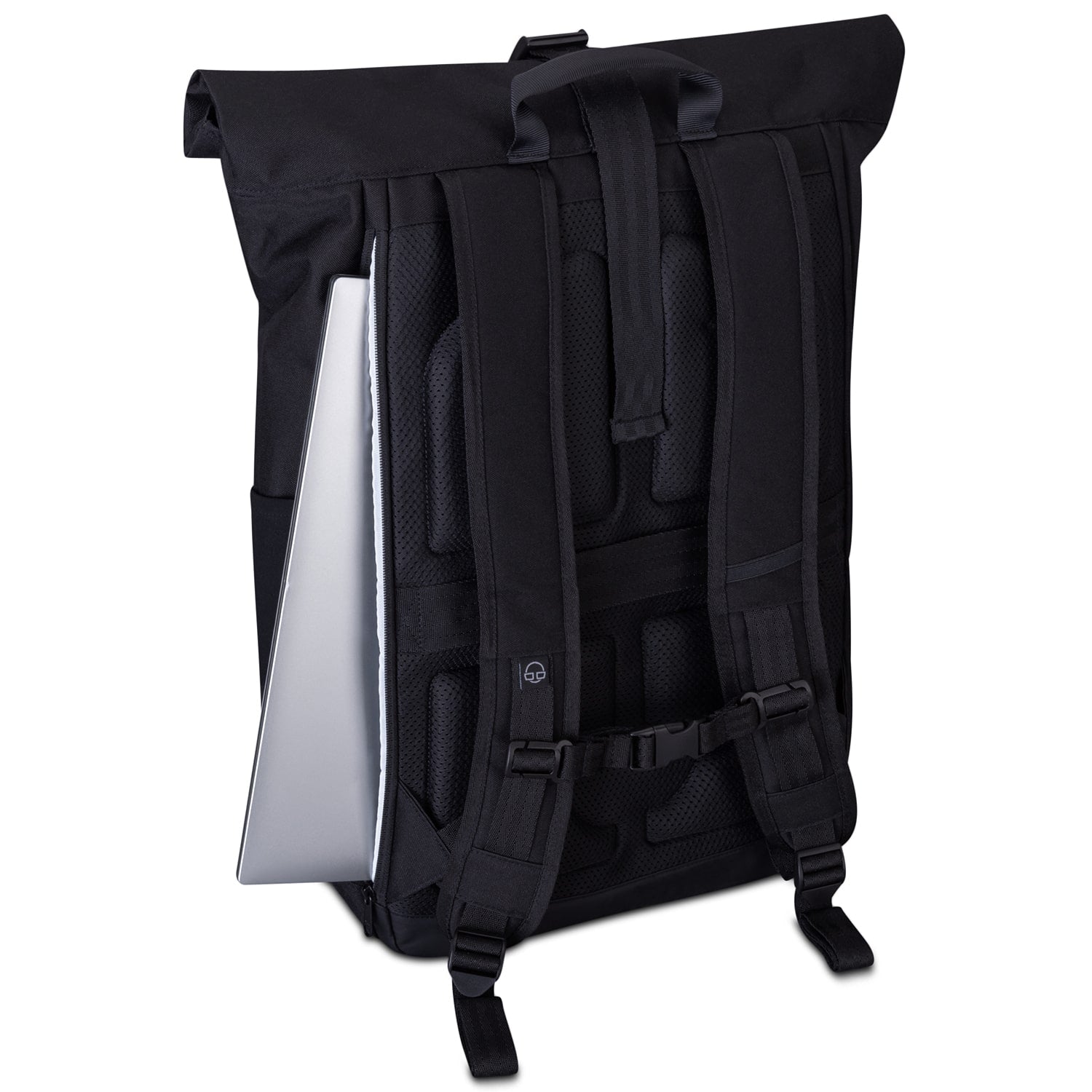 Schwarzer Rolltop Rucksack 'Allen XL' mit gepolstertem Rücken und Laptopfach, teilbeladen