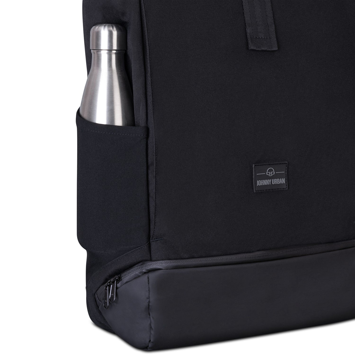 Schwarzer Rolltop Rucksack Allen XL mit Seitentasche und Edelstahl Trinkflasche