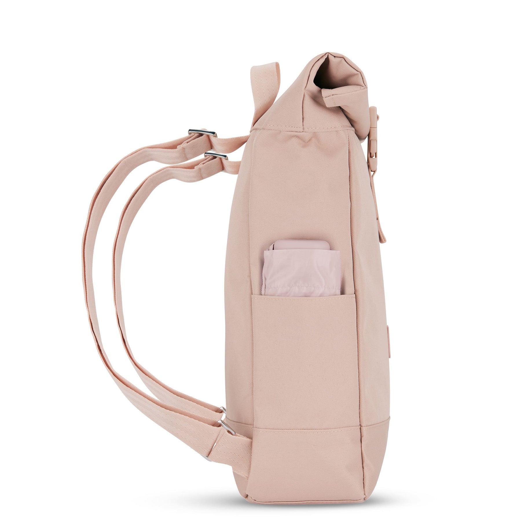 Rolltop Rucksack Robin Small in rosa mit seitlicher Außentasche und gepolsterten Schultergurten