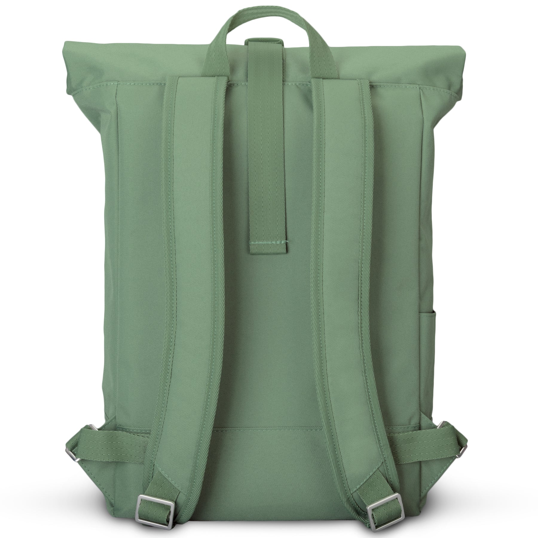 Grüner Rolltop Rucksack 'Robin Medium' von Johnny Urban, Rückseite mit gepolsterten Schultergurten und Trageschlaufe