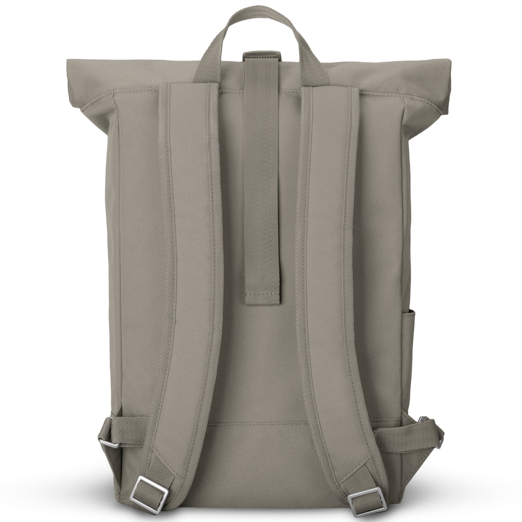 Rückansicht des Johnny Urban Rolltop Rucksacks 'Robin Medium' in desert-grau mit gepolsterten Schulterriemen und Trageschlaufe