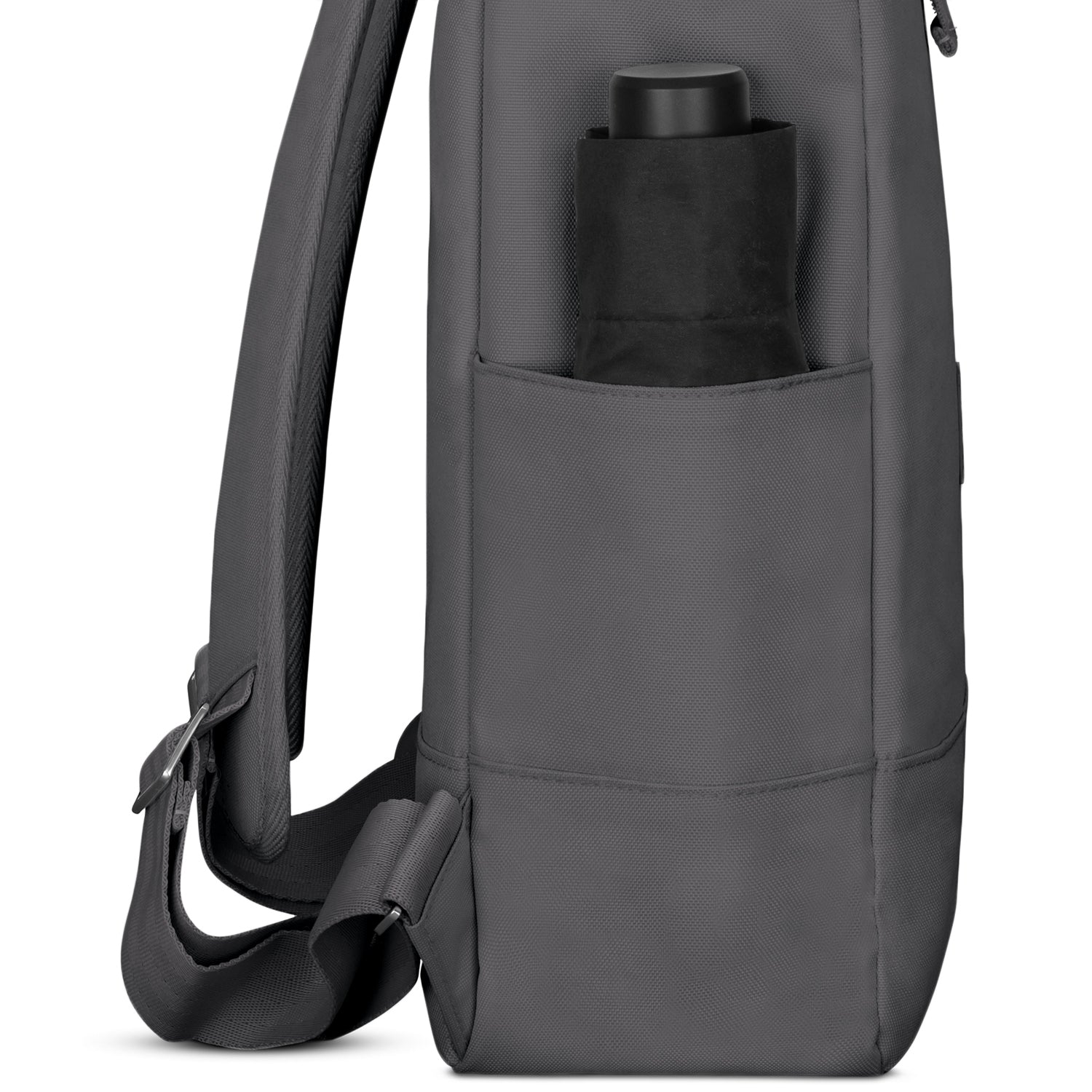 Rolltop Rucksack "Robin Large" in Dunkelgrau mit Seitentasche und eingestecktem schwarzen Regenschirm