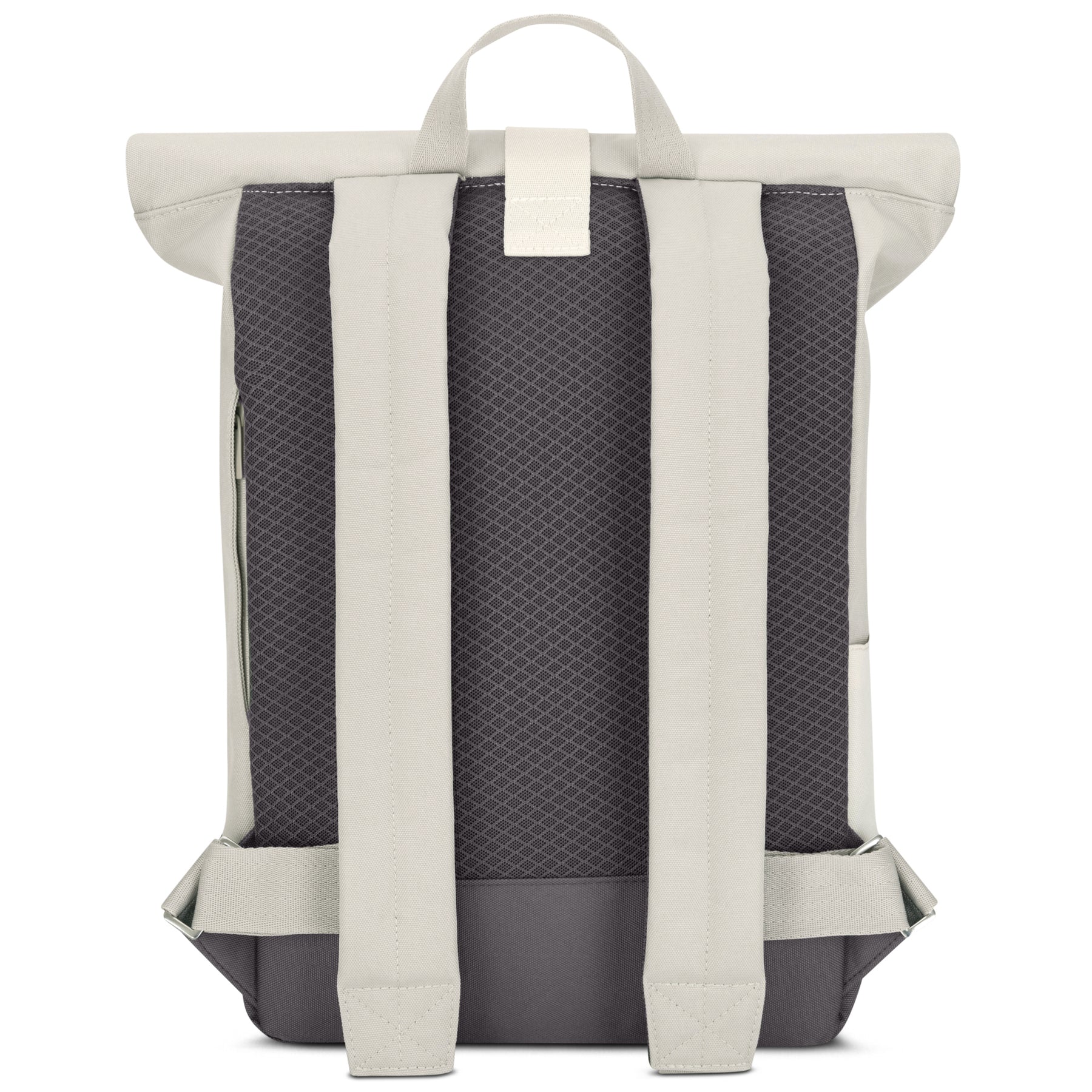Rückansicht des Rolltop Rucksacks "Ryan" mit gepolsterten, hellen Schultergurten und dunkelgrauem Netzrücken