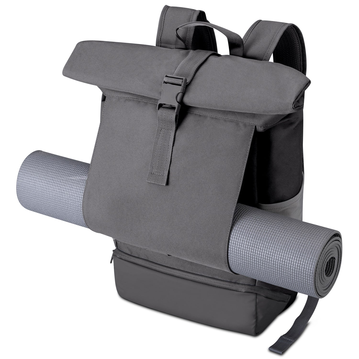 Grauer Rolltop Rucksack Allen XL mit Yoga-Matte an der Vorderseite, gepolsterte Schultergurte