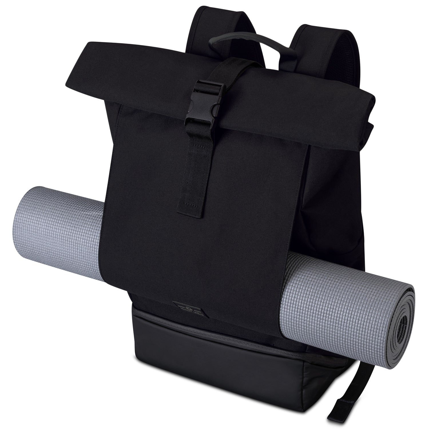 Schwarzer Rolltop Rucksack Allen XL mit grauer Yogamatte an Außentasche