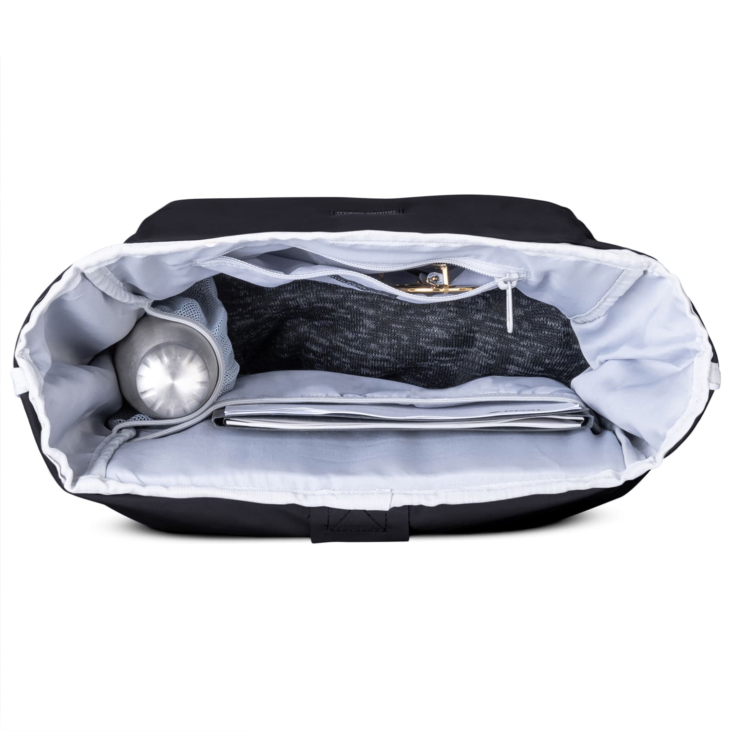 Offener schwarzer Rolltop Rucksack Allen XL mit hellgrauem Innenfutter, Notebookfach, Netzfach mit Wasserflasche und Reißverschlusstasche