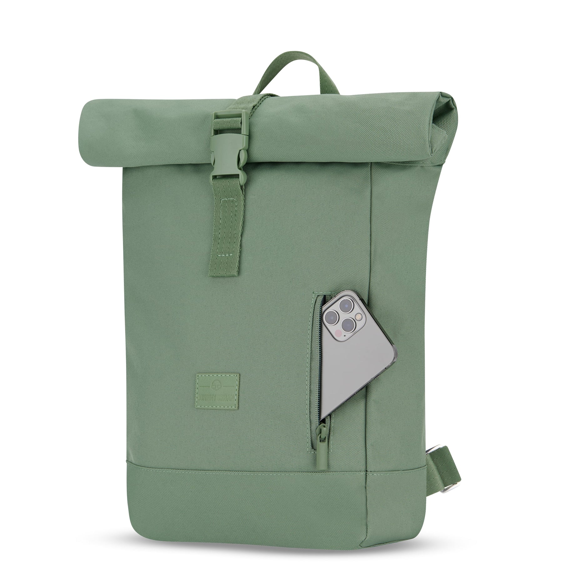 Grüner Rolltop Rucksack 'Robin Small' von Johnny Urban mit seitlicher Reißverschlusstasche und Smartphone
