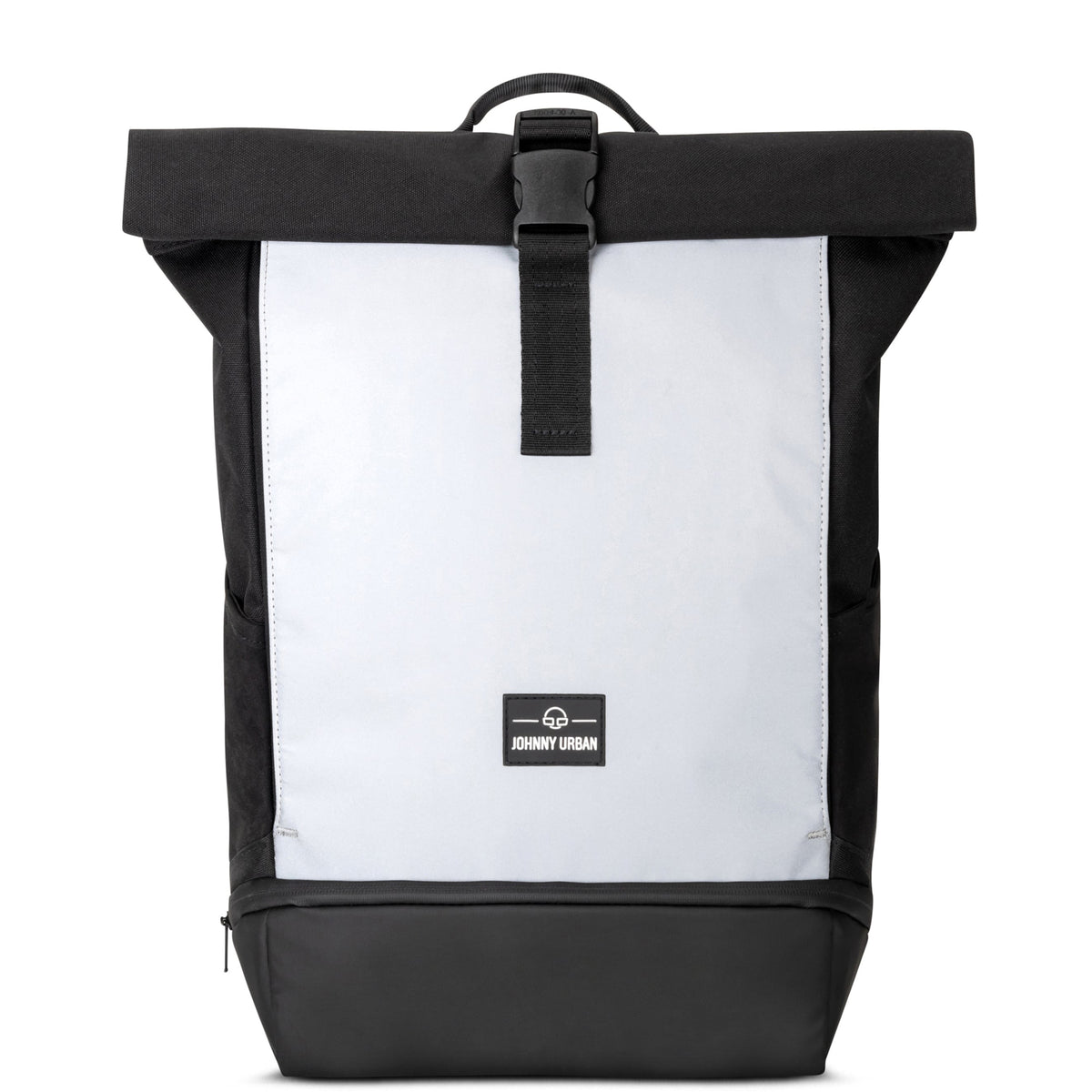Rolltop Rucksack Allen Medium von Johnny Urban in reflektierendem Schwarz und Weiß mit Frontverschluss