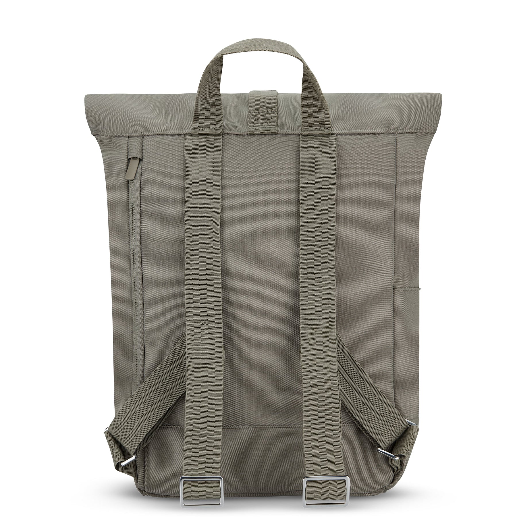 Rückseite des Johnny Urban Rolltop Rucksacks 'Robin Small' in braun mit verstellbaren Schultergurten und Trageschlaufe