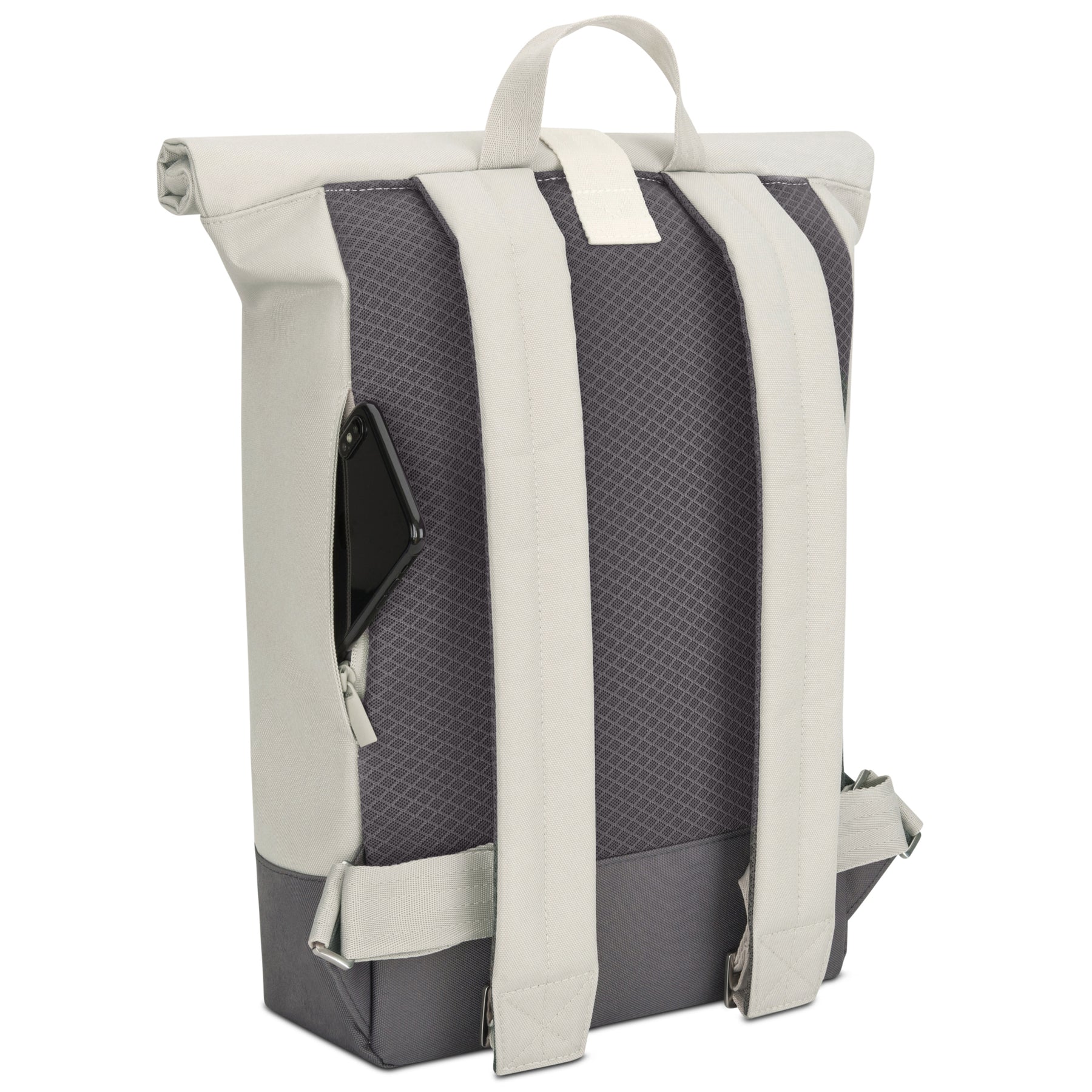 Rolltop Rucksack 'Ryan' in Beige und Grau, Rückseite mit gepolsterten Trägern und seitlicher Reißverschlusstasche mit Smartphone