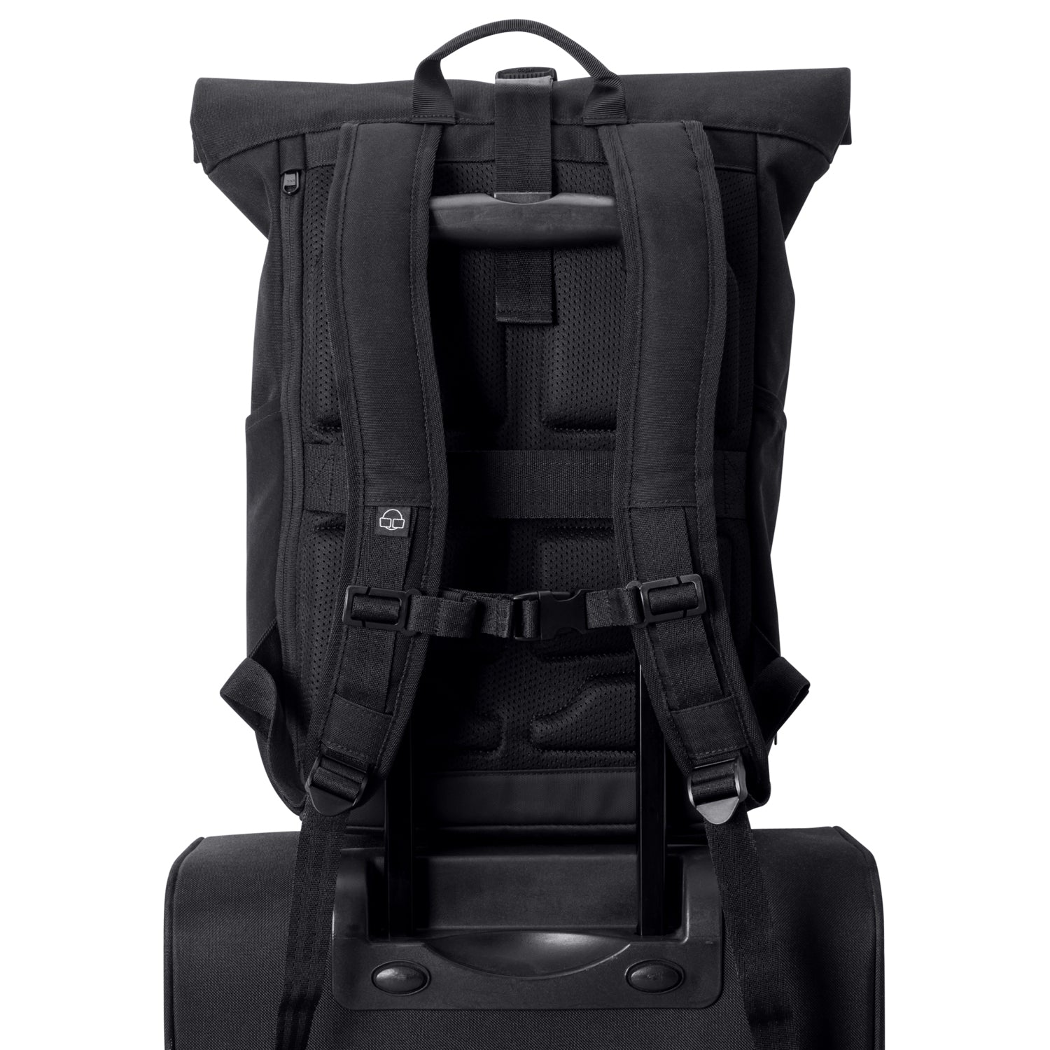 Schwarzer Rolltop-Rucksack Allen Medium mit gepolsterten Schulterriemen, Tragegriff und Reisverschluss-Gurt am Koffergestell