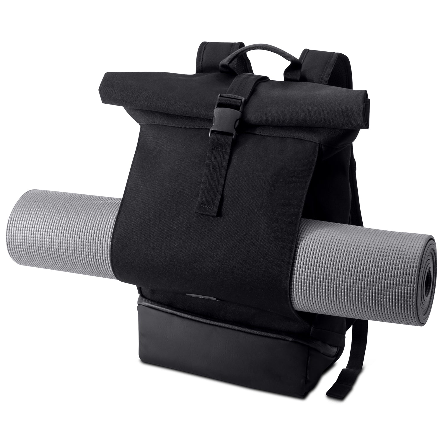 Johnny Urban Rolltop Rucksack Allen Medium in Schwarz mit grauer Yogamatte durch Halterung