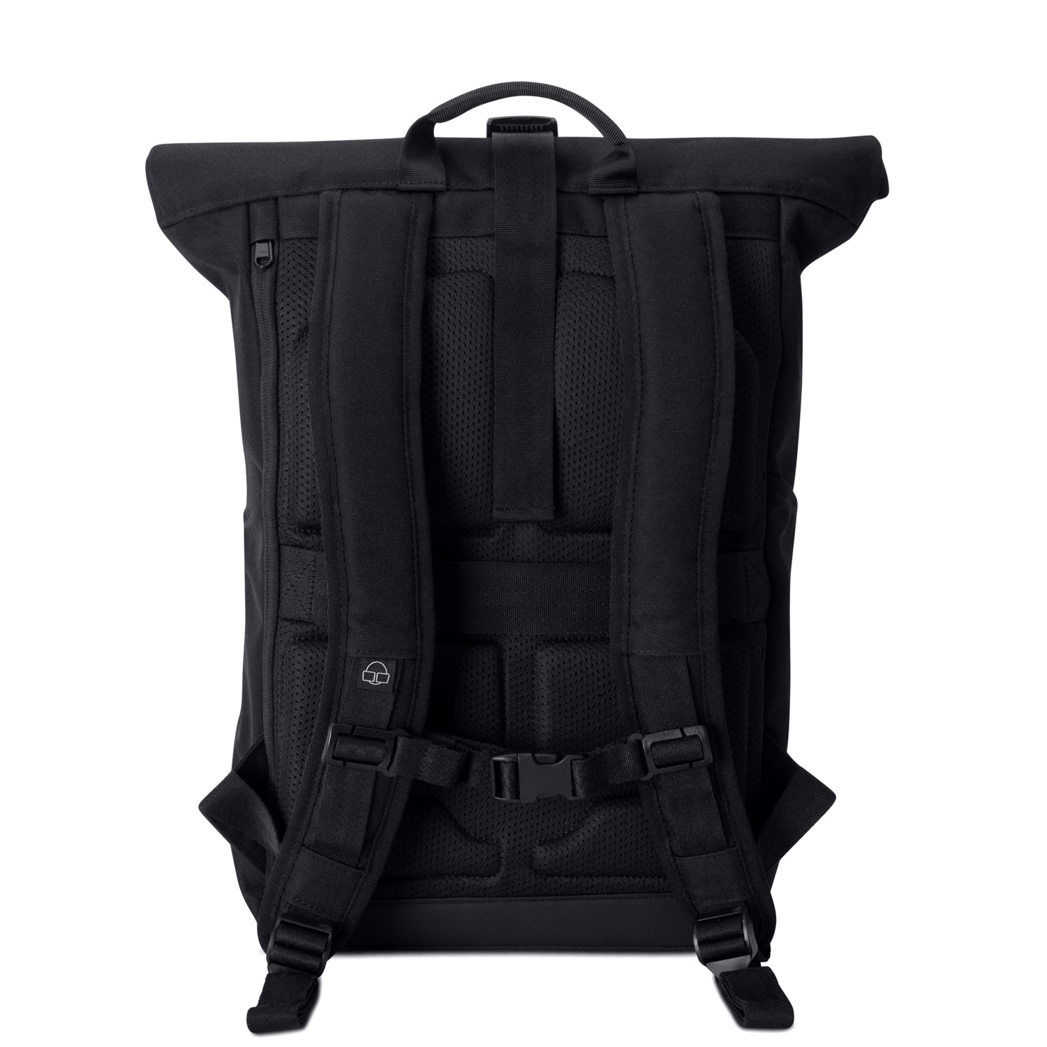 Rückansicht des schwarzen Rolltop Rucksacks Allen Medium mit gepolsterten Trägern und ergonomischem Rückenbereich