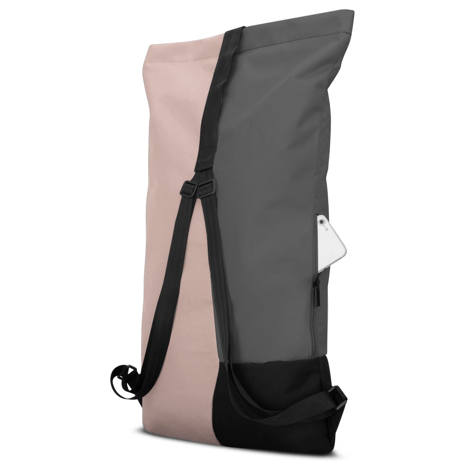 Rolltop-Rucksack 'Oskar' in Rosa und Grau mit seitlicher Reißverschlusstasche, schwarzem Boden und schwarzen Schultergurten