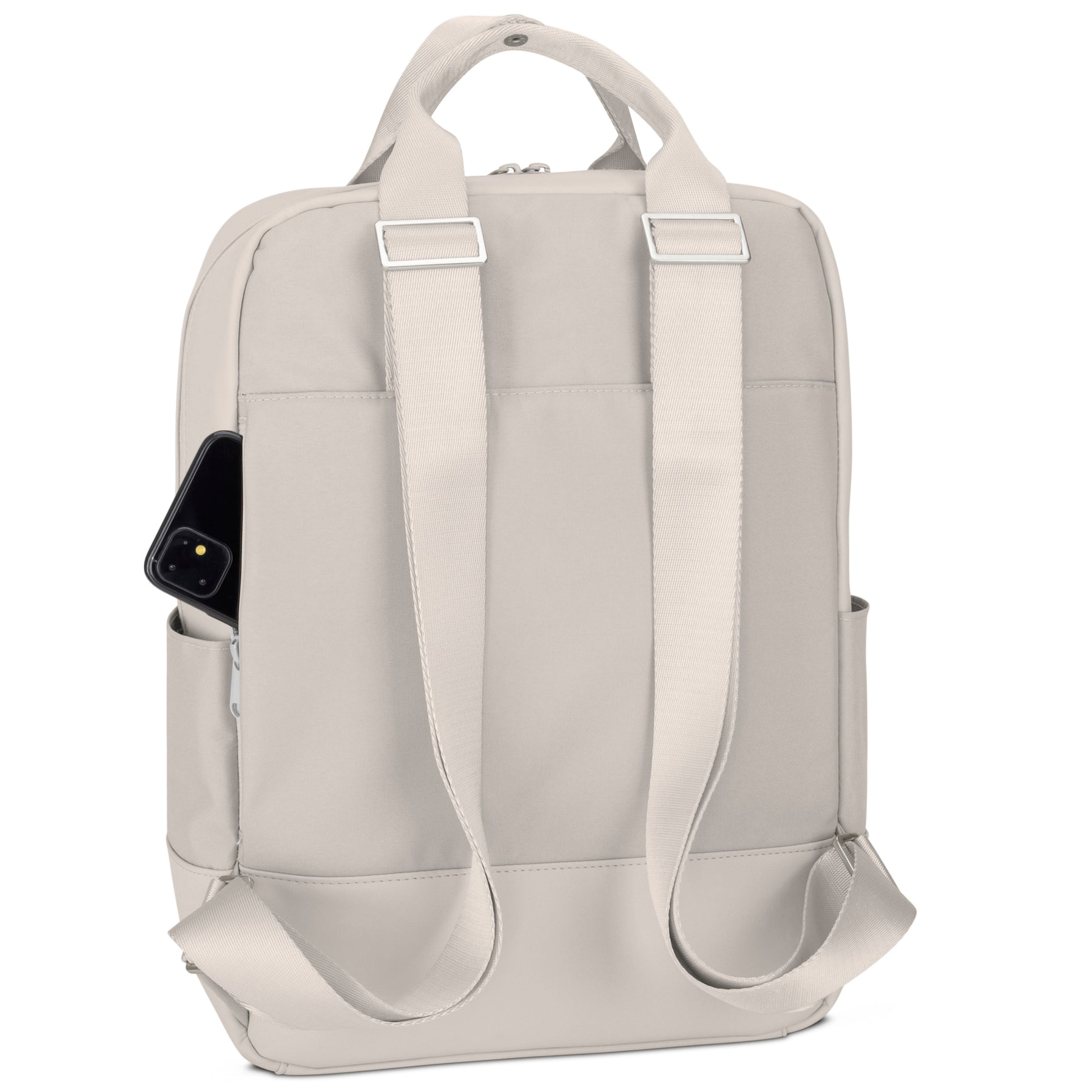 Beiger Rucksack 'Jona Large' mit verstellbaren Schulterriemen und seitlicher Tasche mit Smartphone