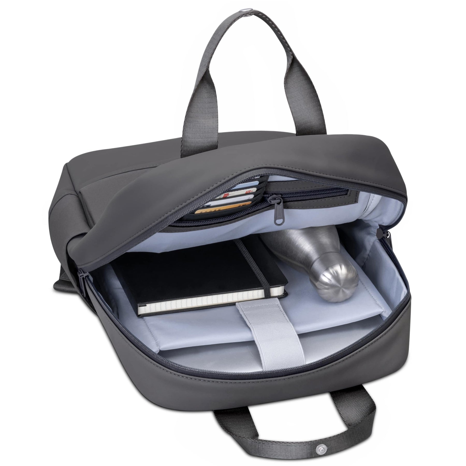 Offener grauer Rucksack 'Jona Medium' mit Innentaschen, Aluminiumflasche und Notizbuch