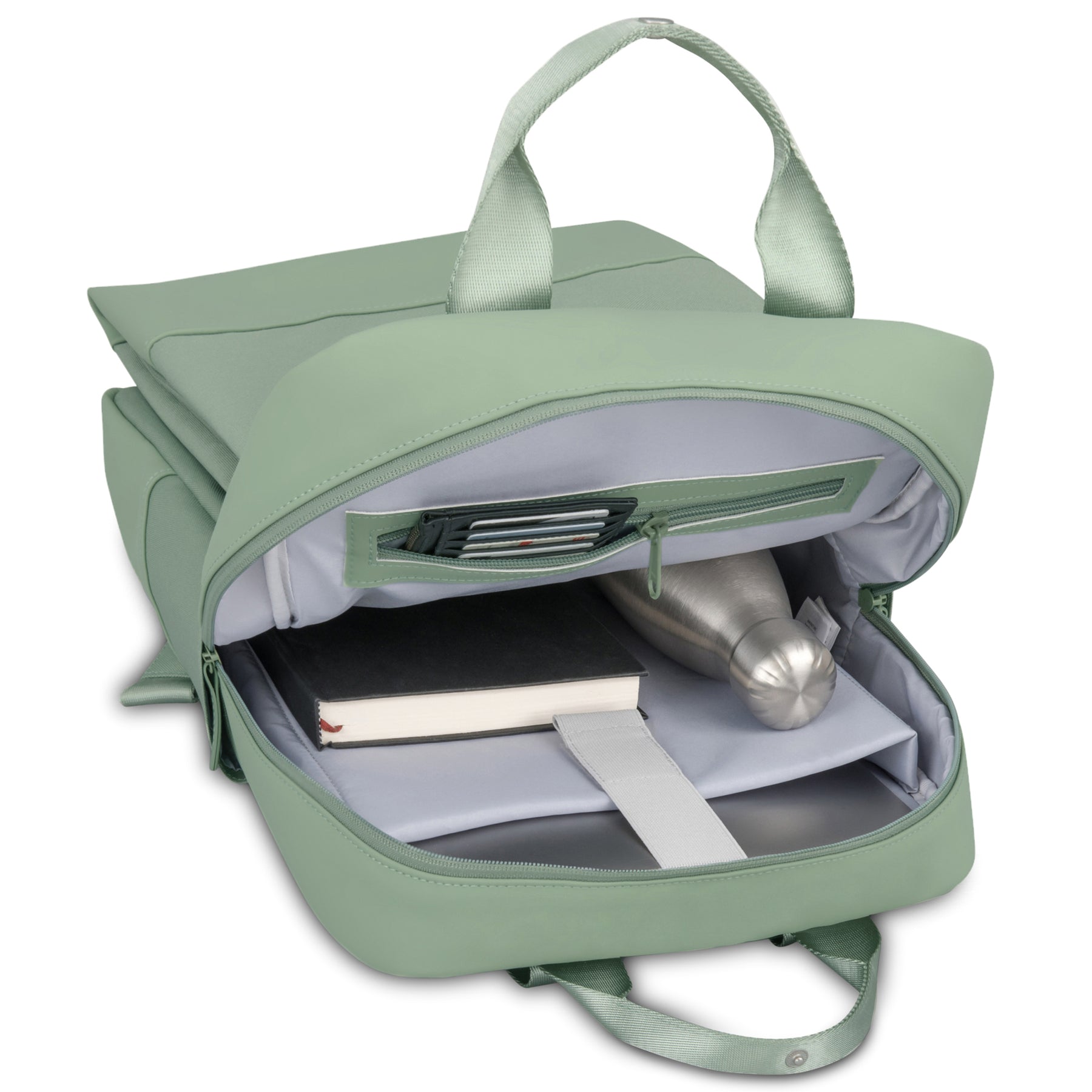 Grüner John Urban Rucksack 'Jona Large' mit geöffnetem Hauptfach, sichtbar sind ein Buch, eine Wasserflasche und Kartenfächer