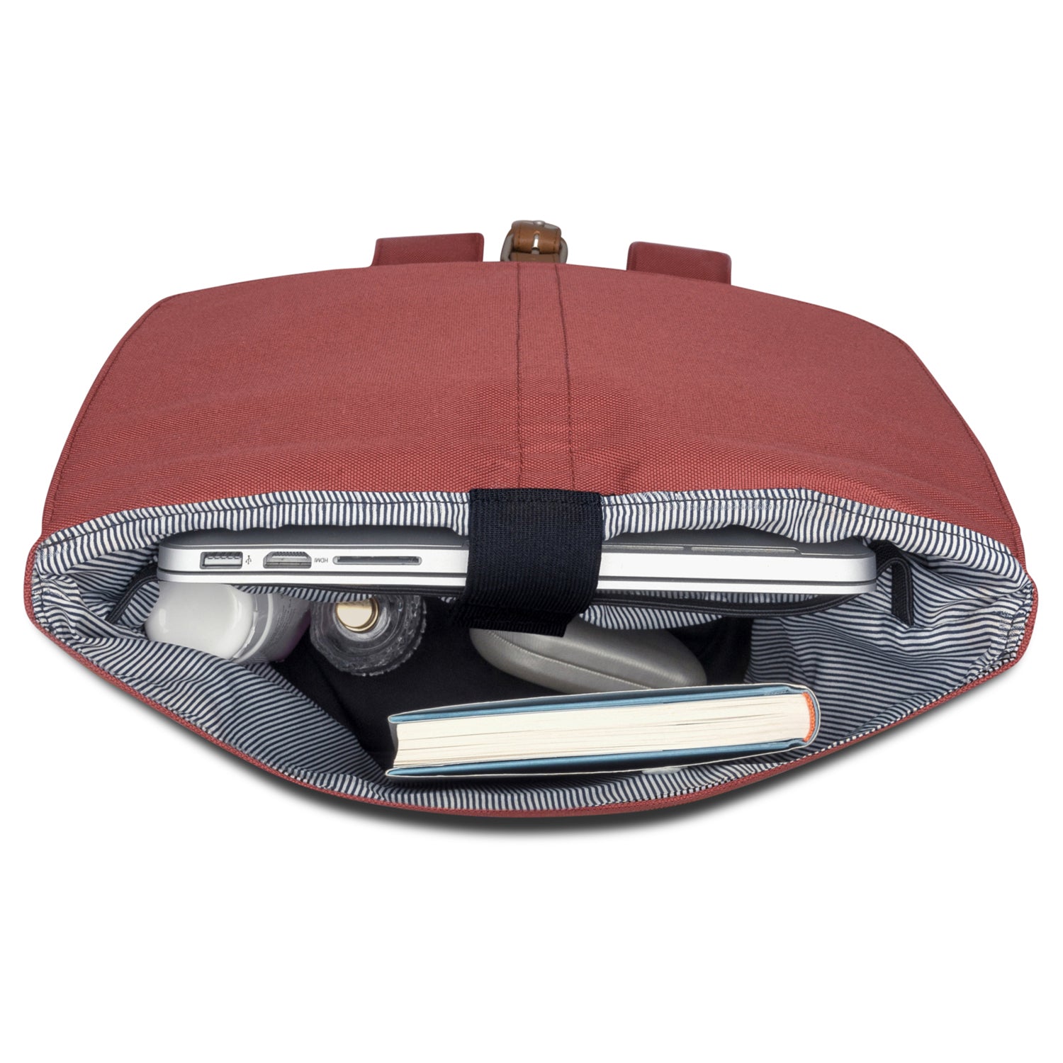 Rucksack Damen Mia in Rot mit Laptopfach und Innenfächern, gefüllt mit Laptop, Buch und Wasserflasche